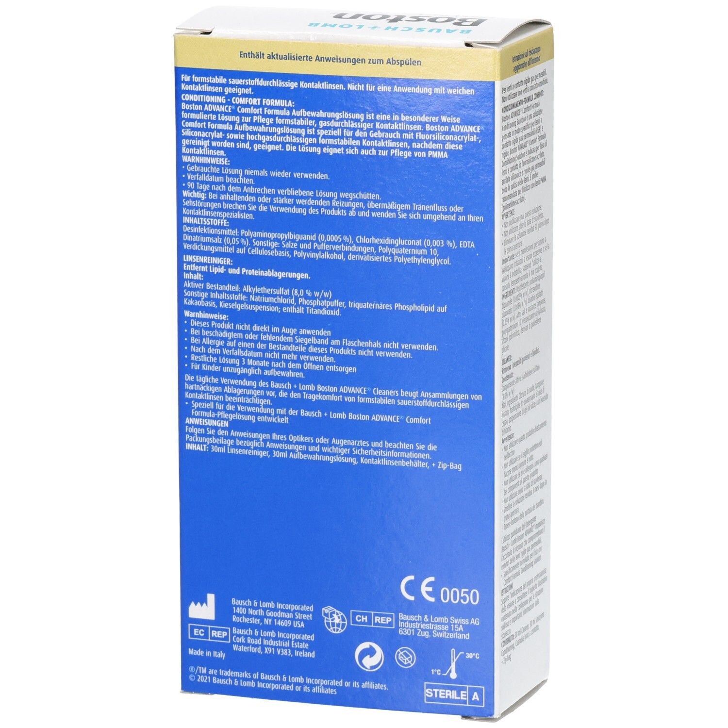 Verpackung für Boston Advance Kontaktlinsenpflegelösung mit Anwendungshinweisen und CE-Kennzeichnung.