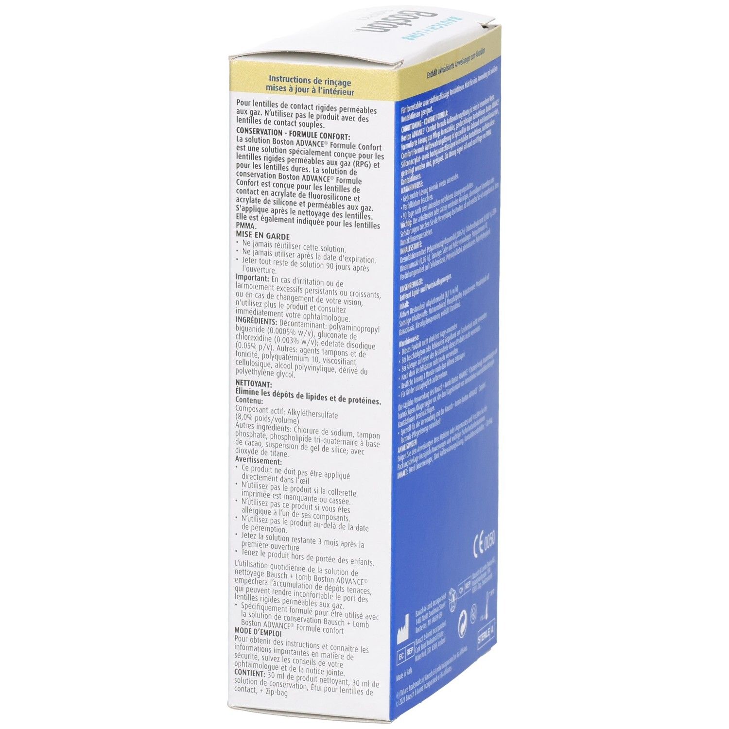 Verpackung einer Kontaktlinsenlösung mit detaillierten Anwendungshinweisen und Inhaltsstoffen.