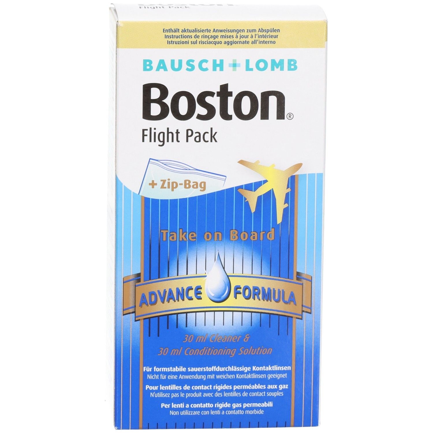 Boston Flight Pack Kontaktlinsen-Reise-Set mit 30 ml Reiniger und 30 ml Pflegelösung.