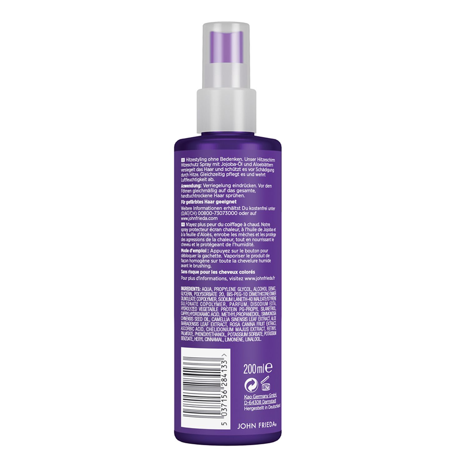 Rückseite der Flasche JOHN FRIEDA Frizz Ease Hitzeschirm Hitzeschutz Spray. Text und Inhaltsstoffe. 200ml. Herstellerinformationen.