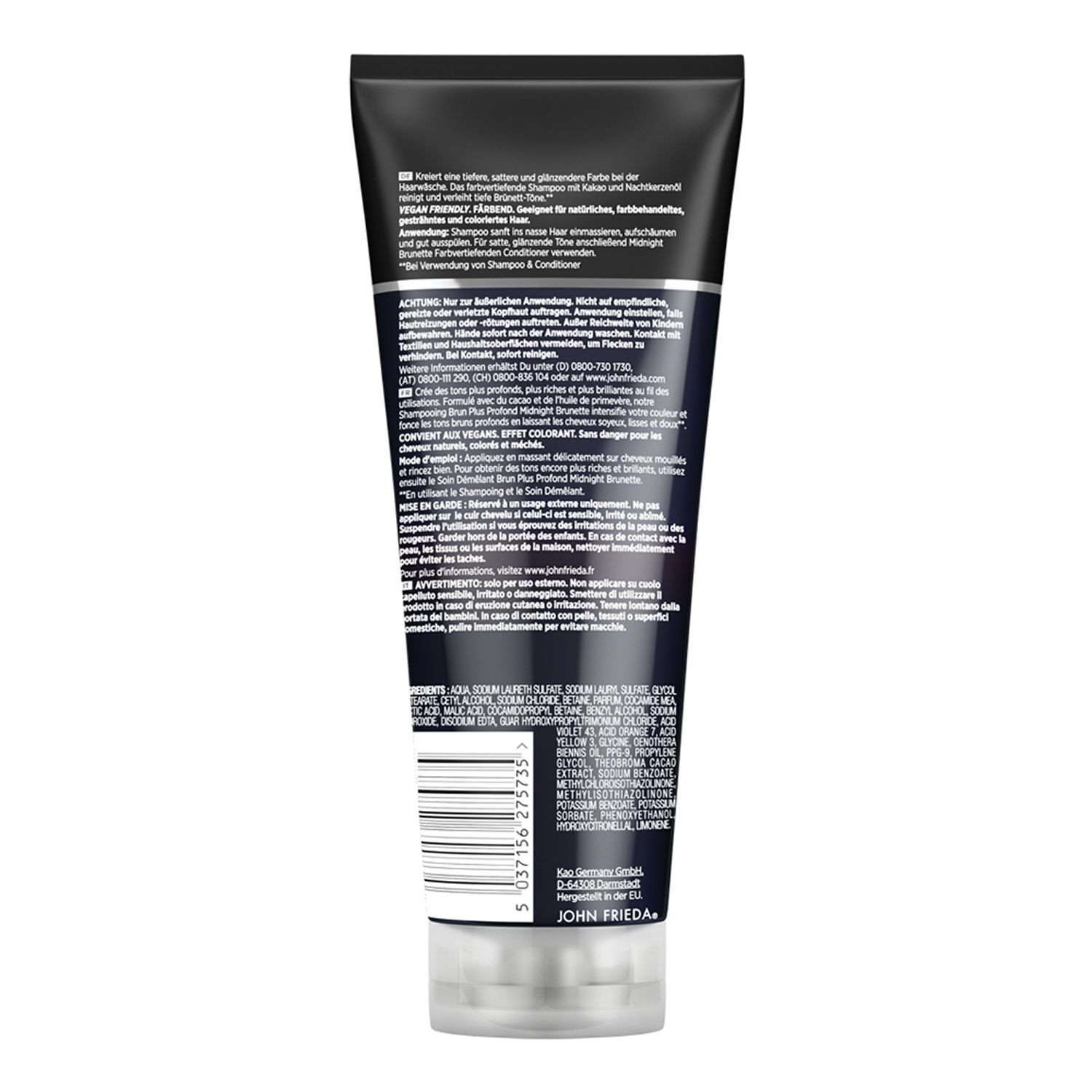 Rückseite der JOHN FRIEDA midnight Brunette Shampoo Tube. Schwarzer Hintergrund mit Text in mehreren Sprachen.
