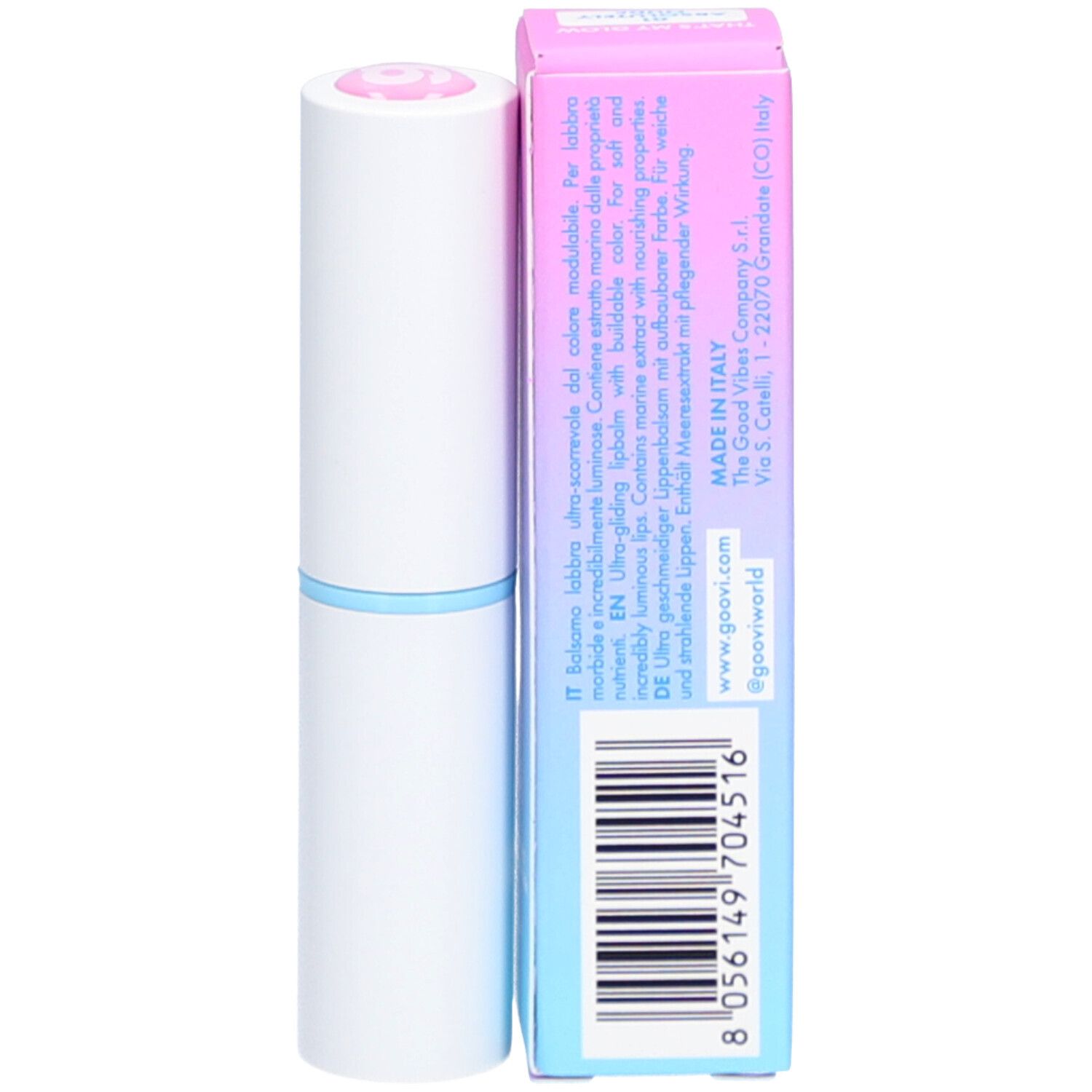Lippenbalsam-Stift und Schachtel. Auf der Schachtel steht "goovi". Auf dem Stift steht "goovi". Hergestellt in Italien.