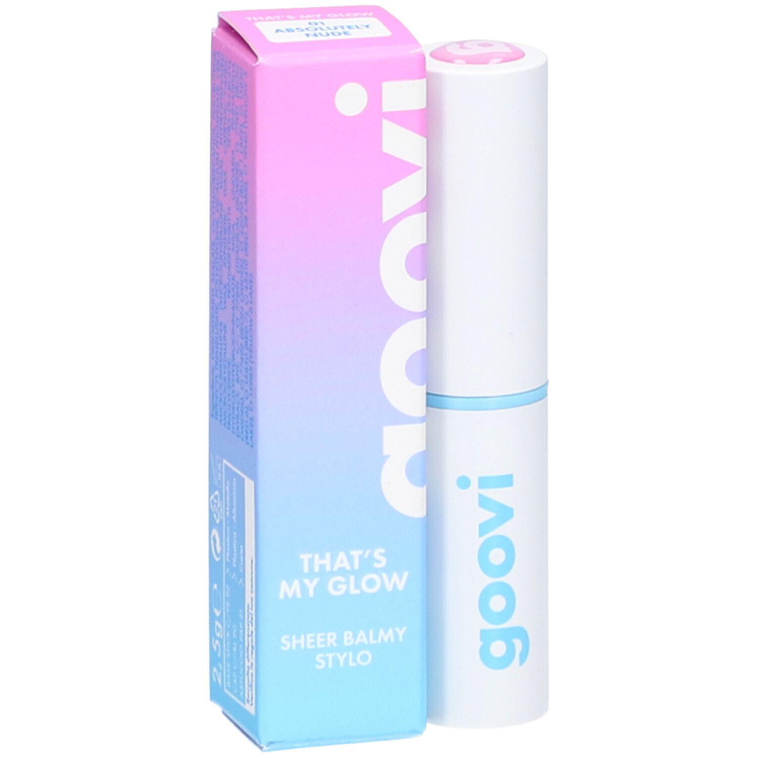 Lippenbalsam-Stift und Schachtel. Auf der Schachtel steht "goovi" und "Absolutely Nude". Der Stift hat einen hellblauen Ring.
