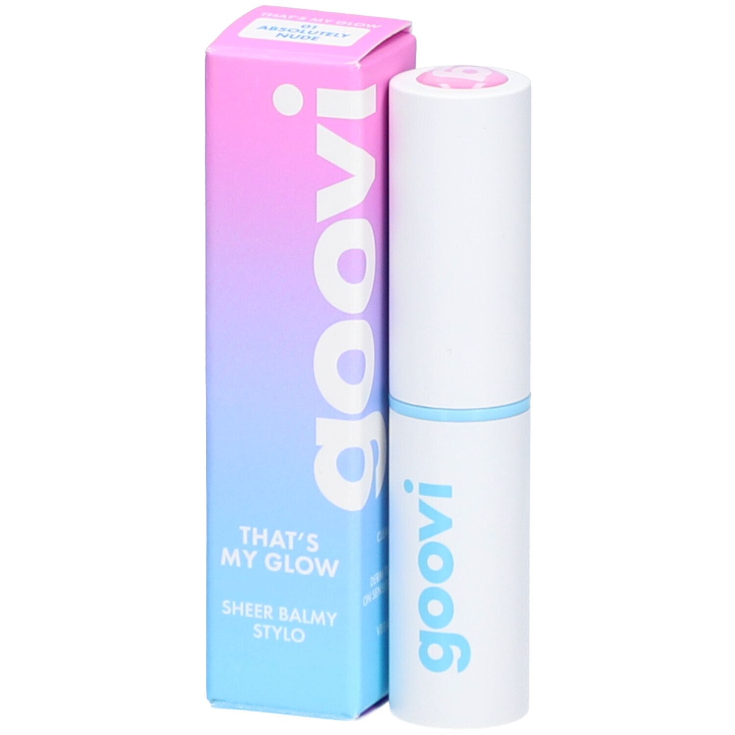 Lippenbalsam-Stift und Schachtel. Auf der Schachtel steht "goovi" und "Absolutely Nude". Der Stift hat einen hellblauen Ring.