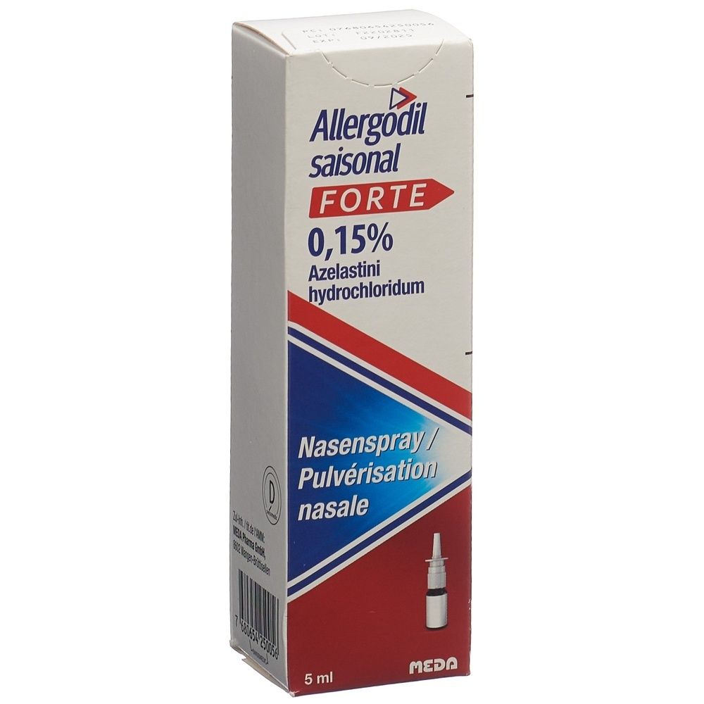 Verpackung von Allergodil saisonal forte Nasenspray. Weißer Karton mit blauen und roten Akzenten. Text: 0,15%, Nasenspray, 5 ml.