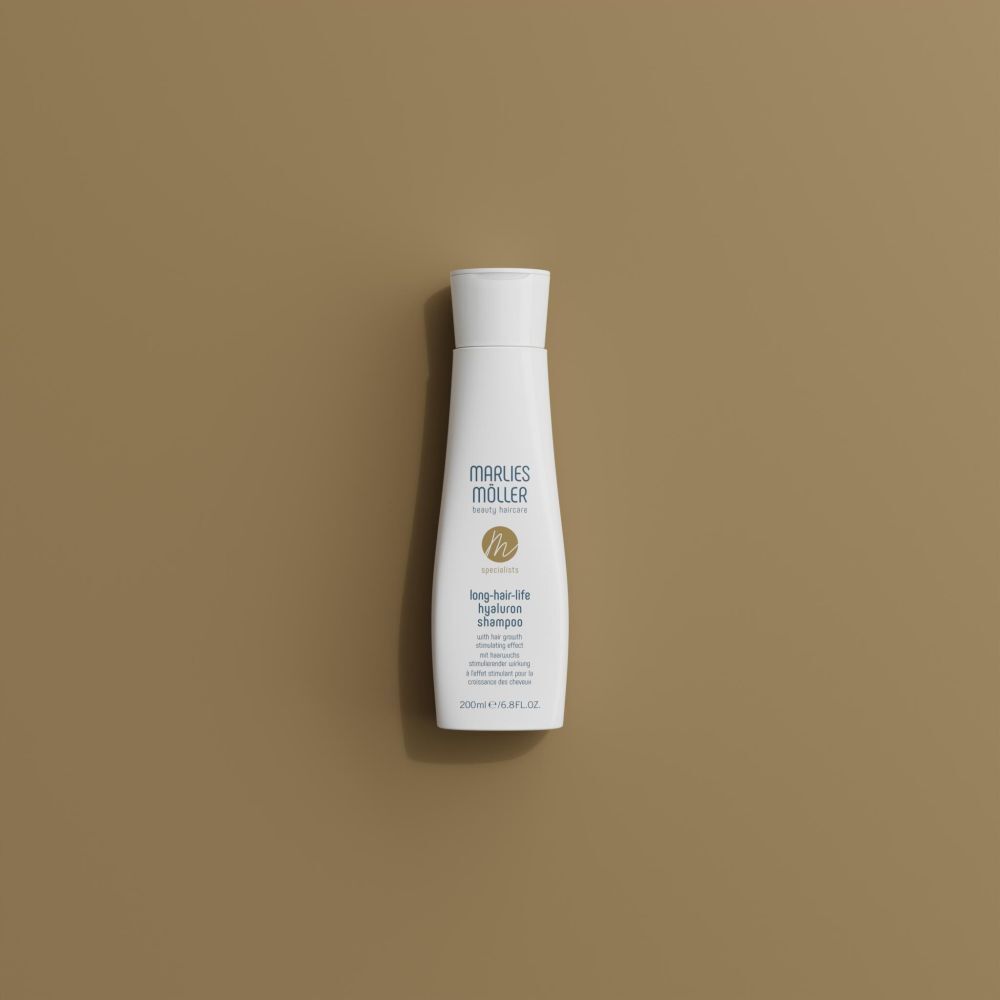 Weißes Shampoo-Fläschchen mit weißem Deckel. Aufschrift: Marlies Möller, Lang-Haar-Life Hyaluron Shampoo.