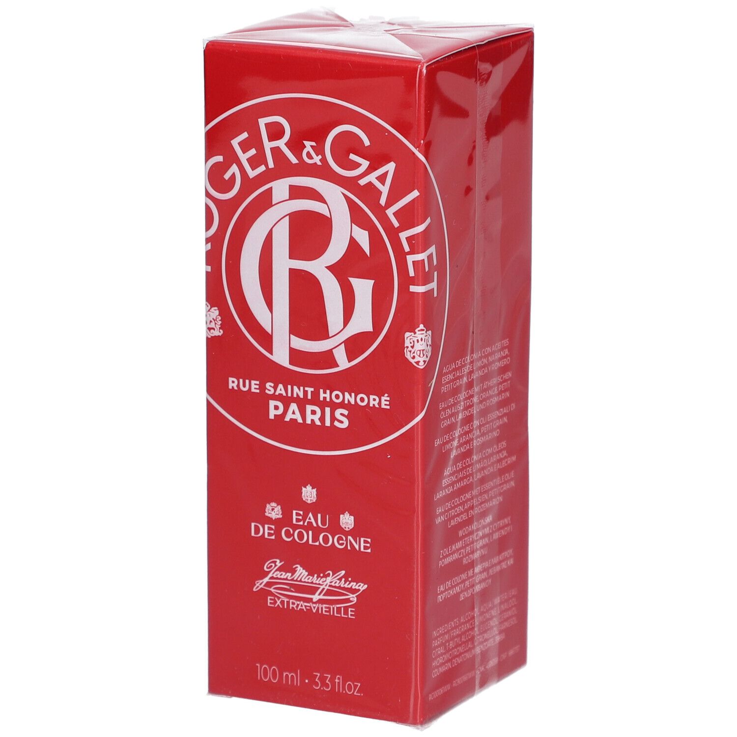 Rote Schachtel mit weißem Logo von Roger & Gallet. Text: Eau de Cologne, Jean Marie Farina, Extra Vieille. 100 ml.