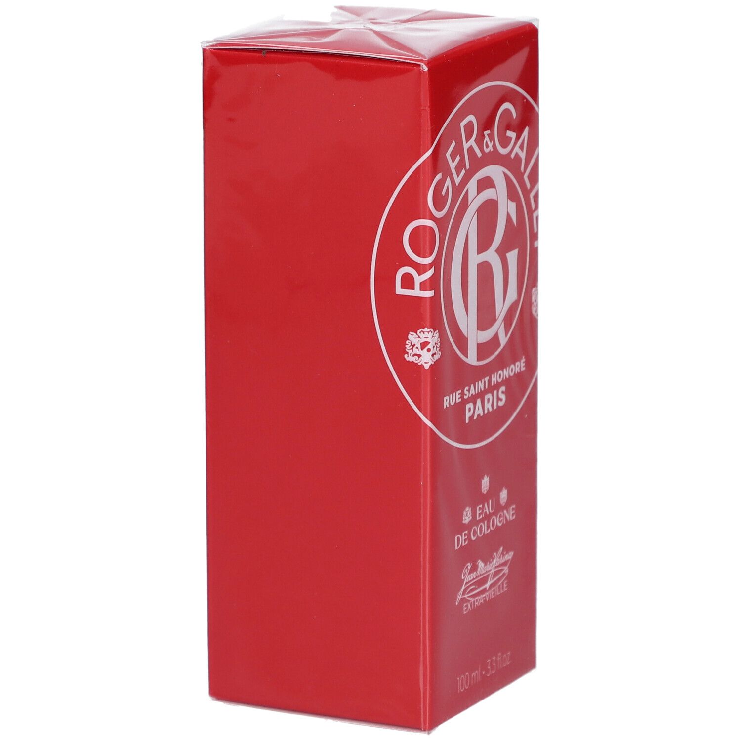 Rote Schachtel mit weißem Logo von Roger & Gallet. Text: Eau de Cologne. 100 ml. Eckansicht.