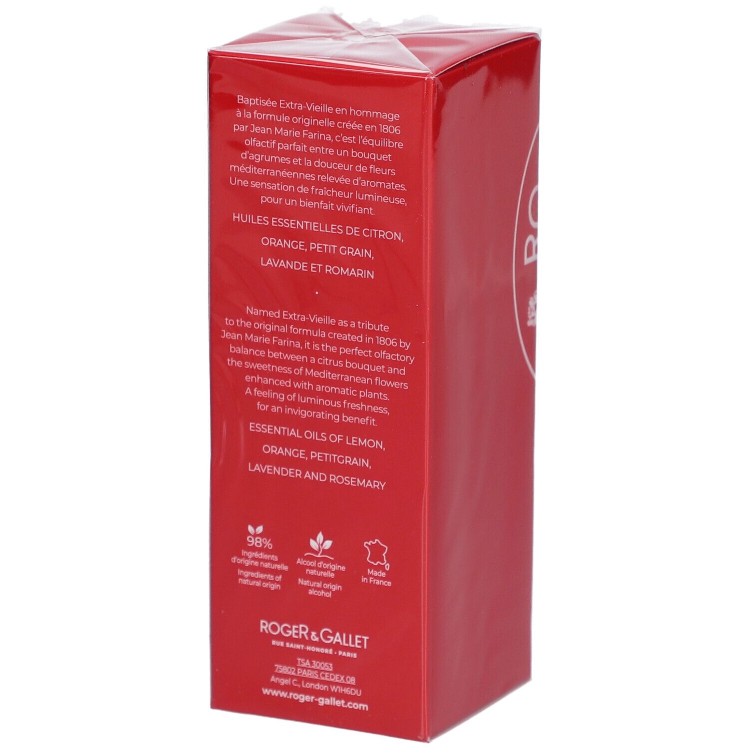 Rote Schachtel mit Text und Logo von Roger & Gallet. Text: Inhaltsstoffe, 98% natürliche Inhaltsstoffe, Herkunft Frankreich.