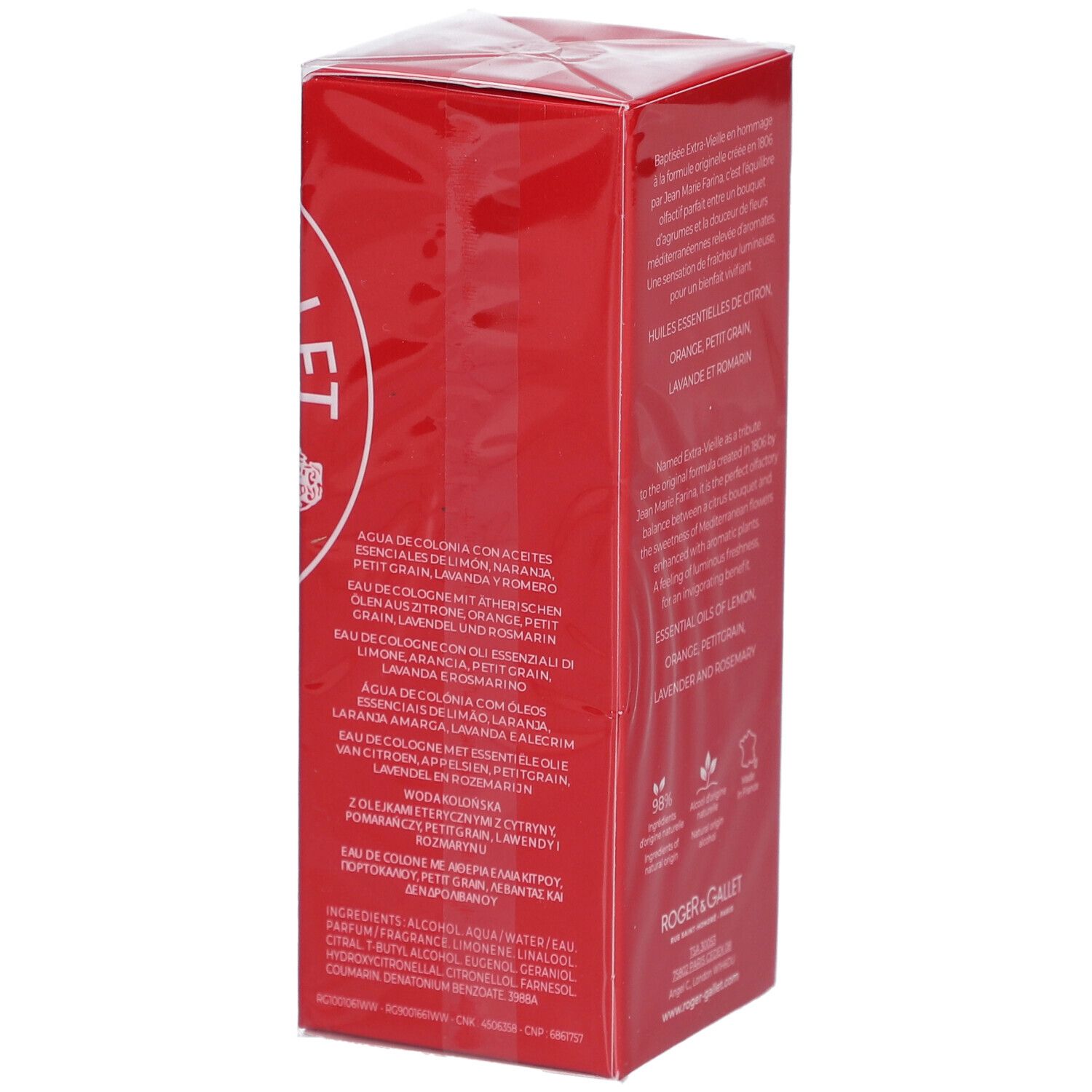 Rote Schachtel mit Text und Logo von Roger & Gallet. Text: Inhaltsstoffe, mehrsprachig. Eckansicht.