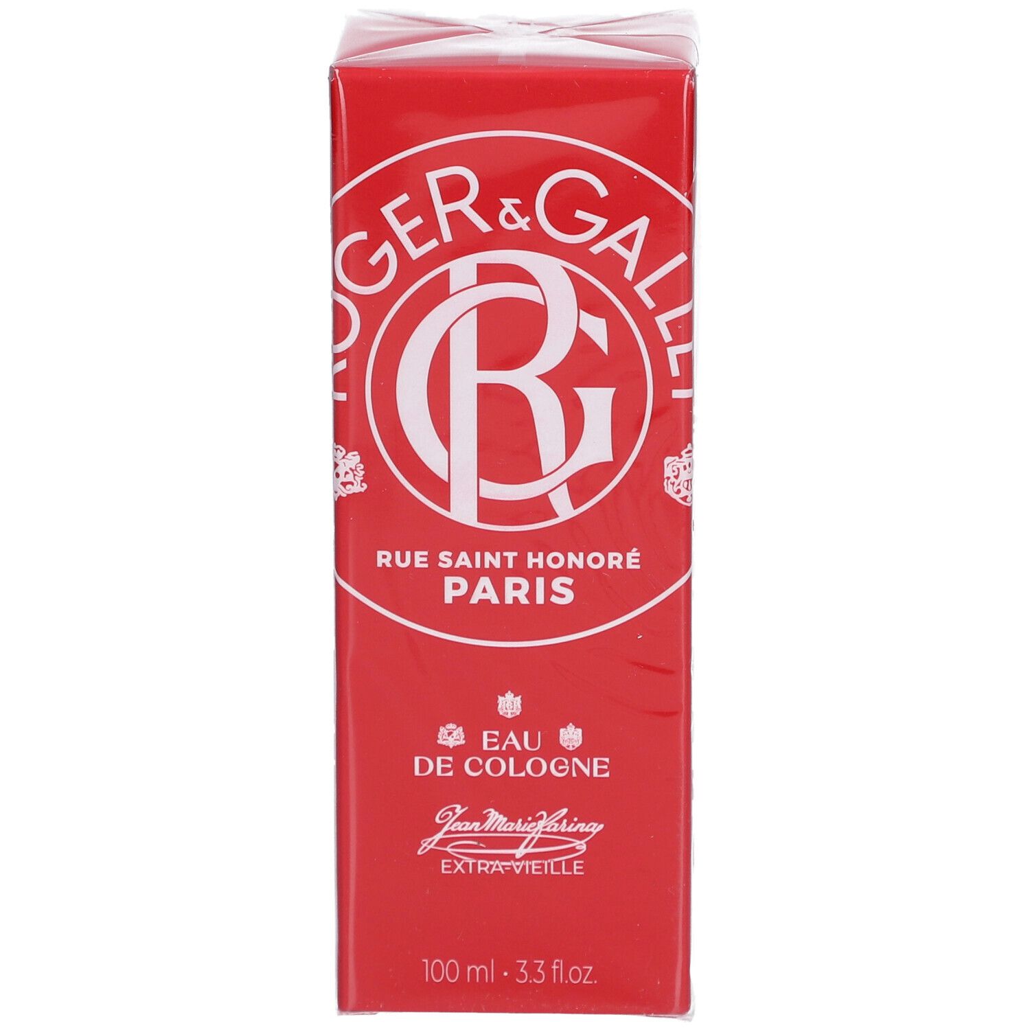 Rote Schachtel mit weißem Logo von Roger & Gallet. Text: Eau de Cologne, Jean Marie Farina, Extra Vieille. 100 ml.
