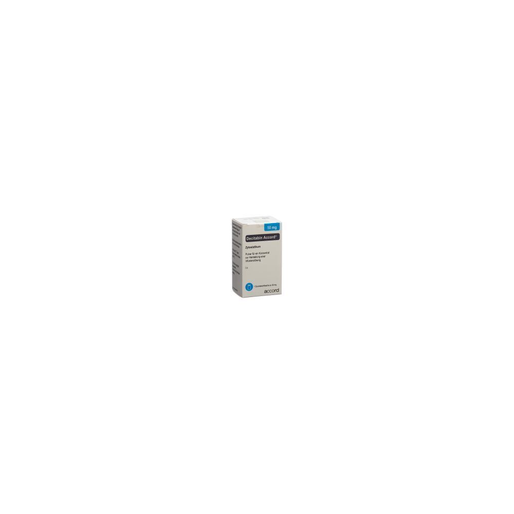 Kartonverpackung mit Produktinformationen. Blaue und graue Farbgebung. Text: DECITABIN Accord Trockensub 50 mg Durchstf.