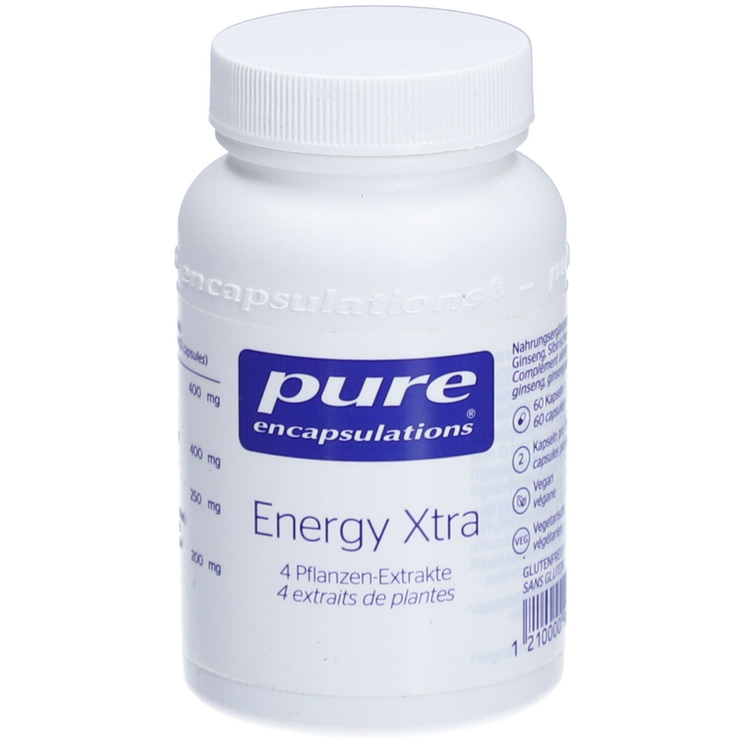 Weiße Flasche mit Kapseln. Aufschrift: pure encapsulations, Energy Xtra, 4 Pflanzen-Extrakte. Deckel und Etikett blau.