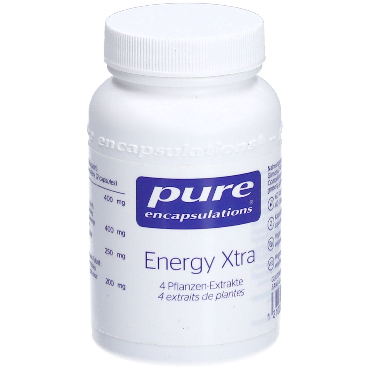 Weiße Flasche mit Kapseln. Aufschrift: pure encapsulations, Energy Xtra, 4 Pflanzen-Extrakte. Deckel und Etikett blau.