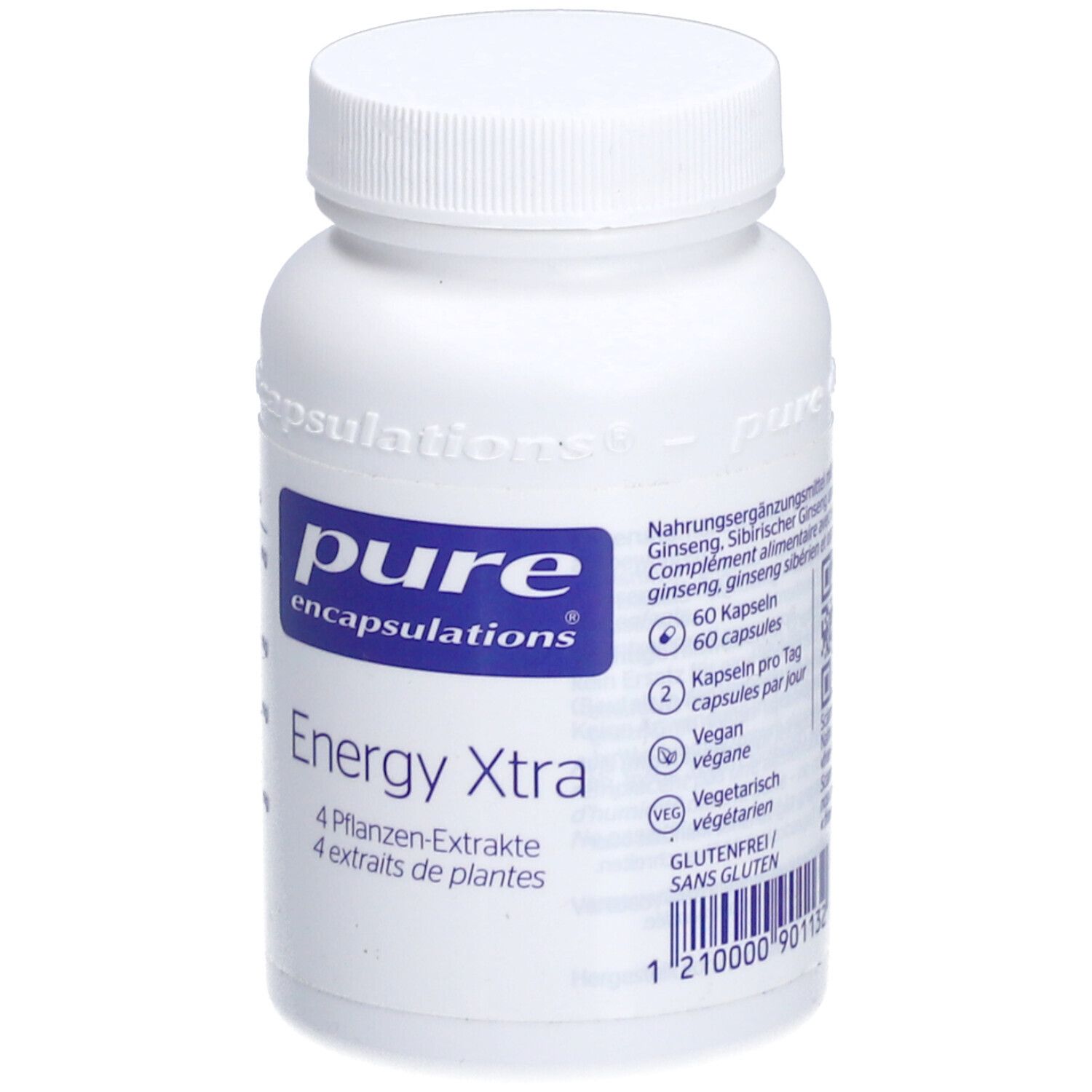 Weiße Flasche mit Kapseln. Aufschrift: pure encapsulations, Energy Xtra. 60 Kapseln. Vegan, vegetarisch, glutenfrei. Blaues Etikett.
