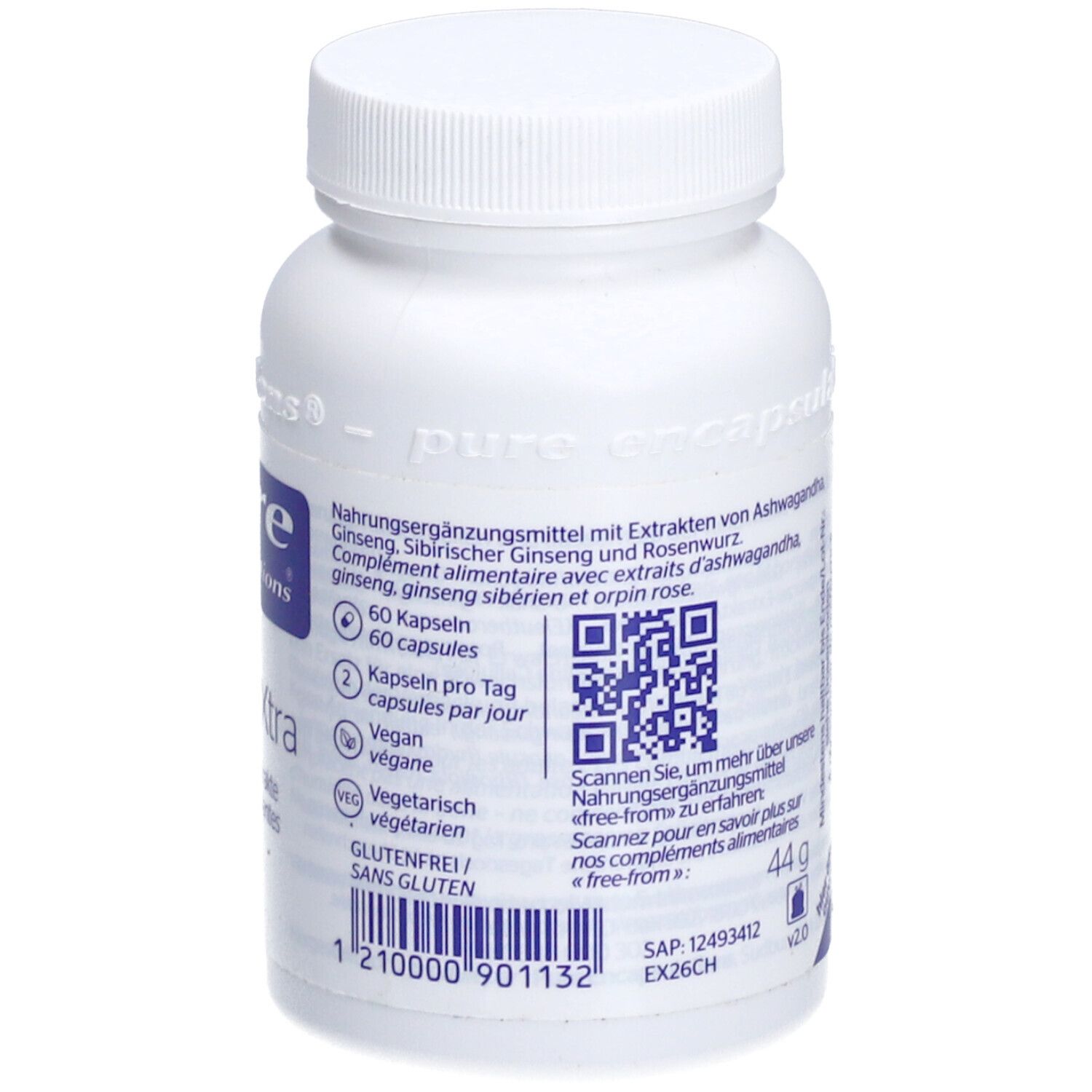 Rückseite der weißen Flasche. Inhaltsstoffe, 60 Kapseln. QR-Code. Vegan, vegetarisch, glutenfrei. Barcode. Blaues Etikett.