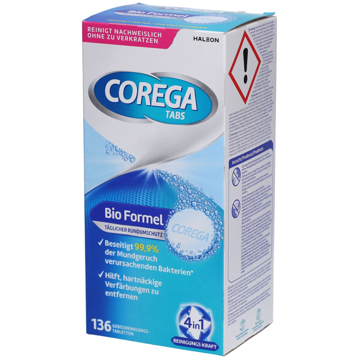 Corega Tabs Bio Formel Packung. Enthält 136 Reinigungstabletten. Blaue und weiße Verpackung mit Produktnamen und Logos.