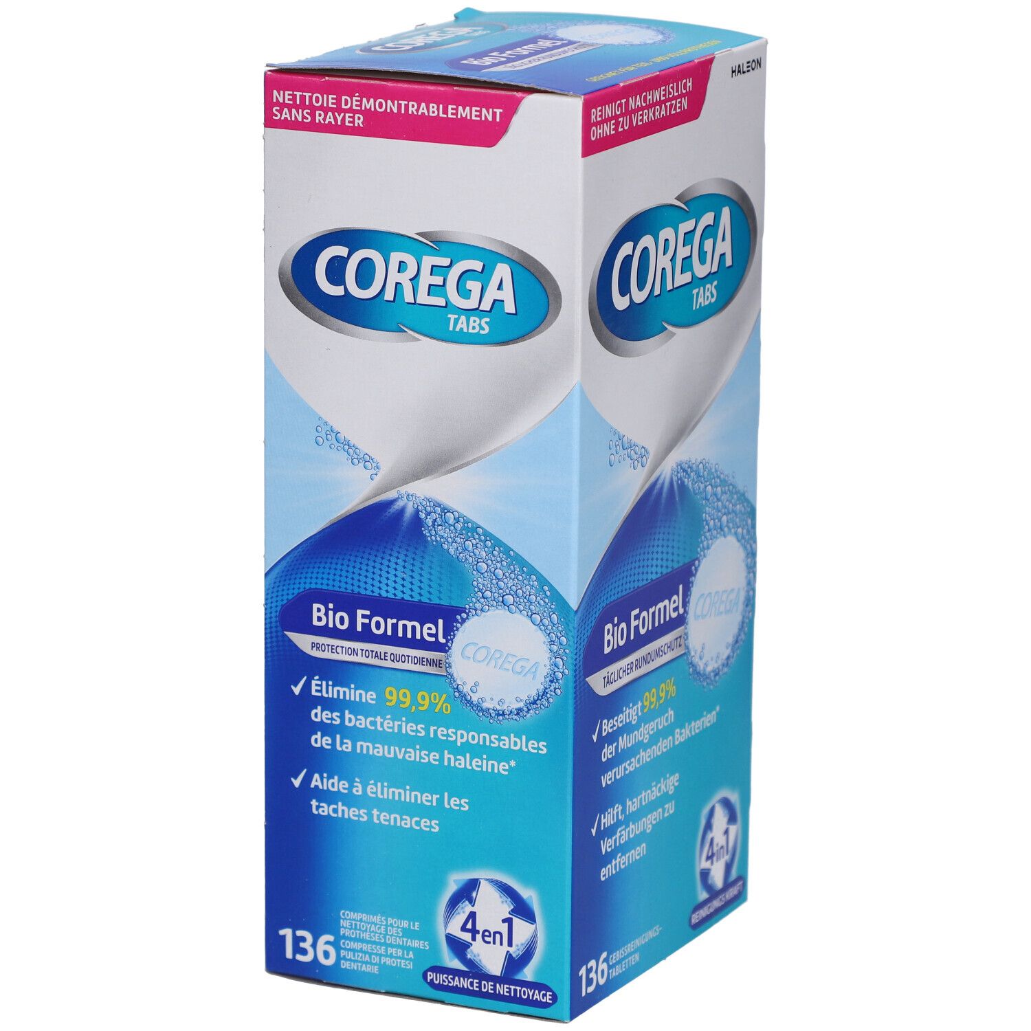 Corega Tabs Bio Formel Packung, schräg von vorne. Enthält 136 Reinigungstabletten. Blaue und weiße Verpackung mit Produktnamen.