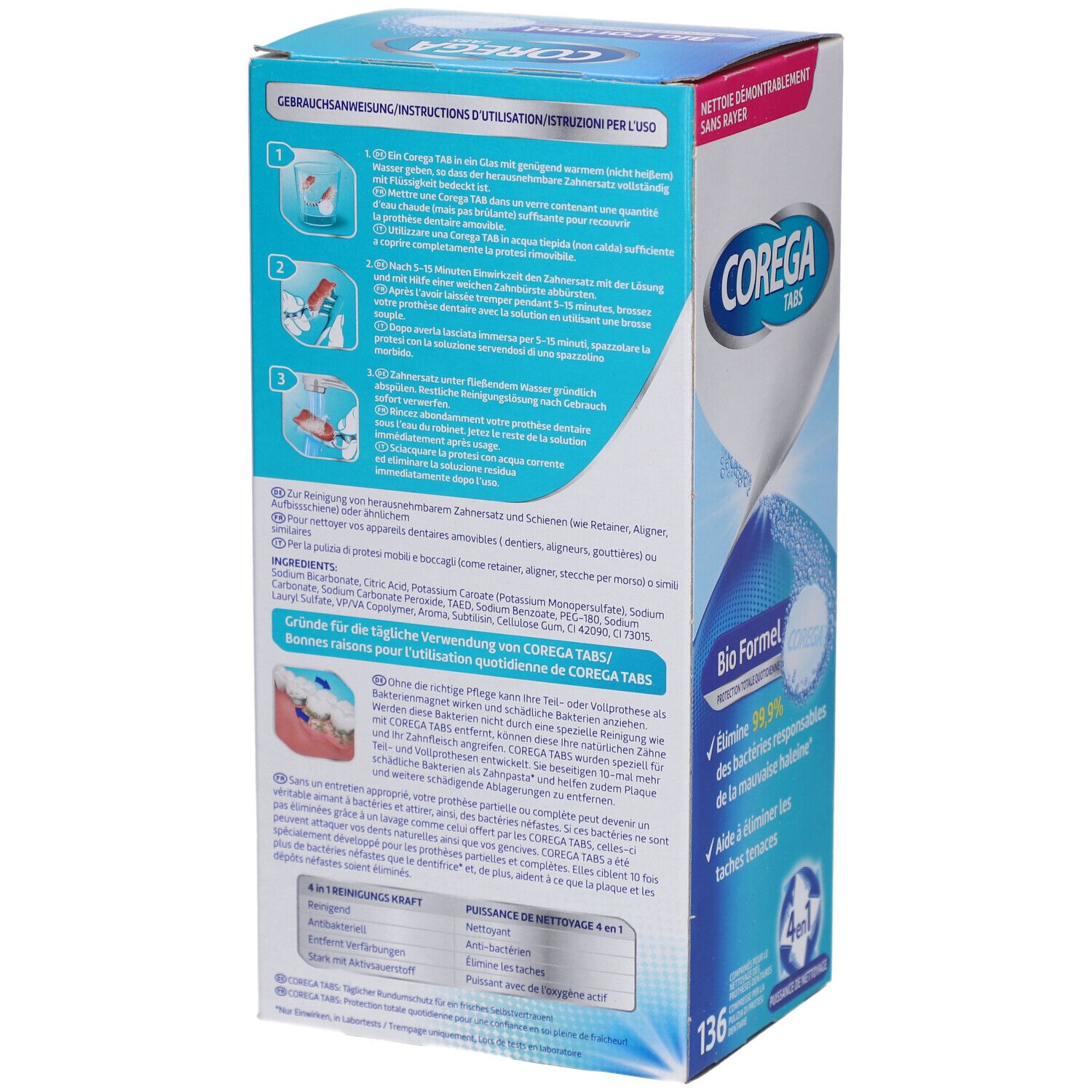Rückseite der Corega Tabs Bio Formel Packung. Enthält Gebrauchsanweisung, Inhaltsstoffe und Produktinformationen.