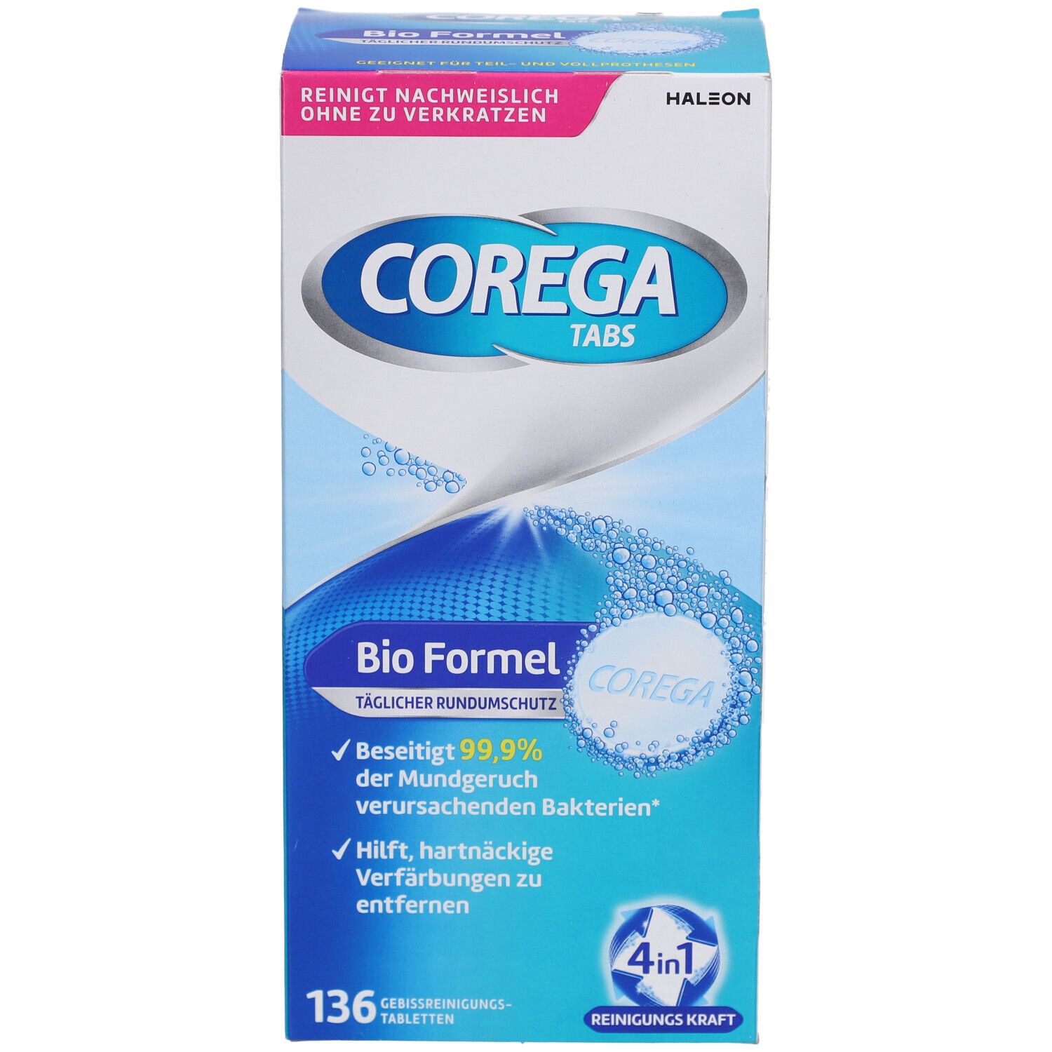 Corega Tabs Bio Formel Packung. Enthält 136 Reinigungstabletten. Blaue und weiße Verpackung mit Produktnamen und Logos.