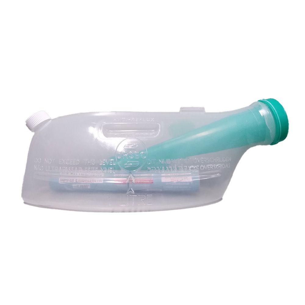Ein tragbares Urinal mit einem transparenten Behälter und einem türkisfarbenen Ausguss.