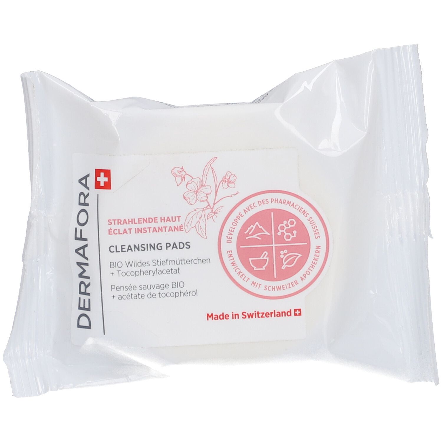 Reinigungspads in transparenter Verpackung. Aufdruck mit Produktname, Logo und Inhaltsstoffen. Schweizer Qualität.