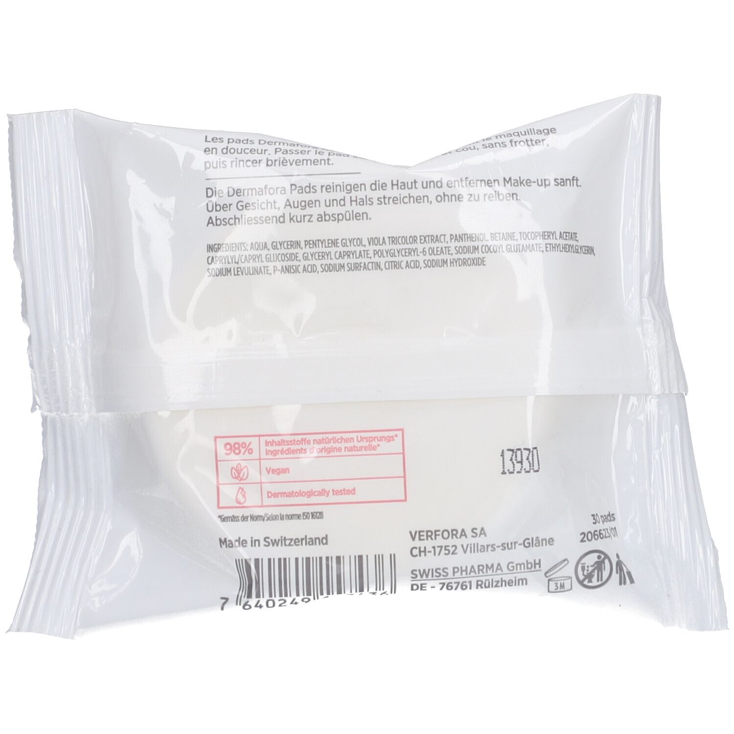 Rückseite der Reinigungspads-Verpackung. Text mit Inhaltsstoffen und Informationen. Siegel für vegan und dermatologisch getestet.