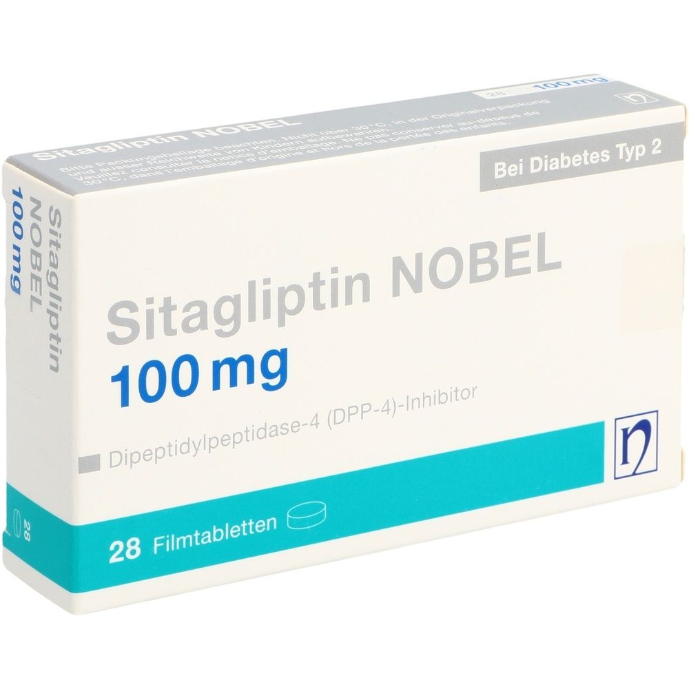 Boîte de Sitagliptin NOBEL 100 mg. Inscription : 28 comprimés pelliculés, Pour le diabète de type 2.