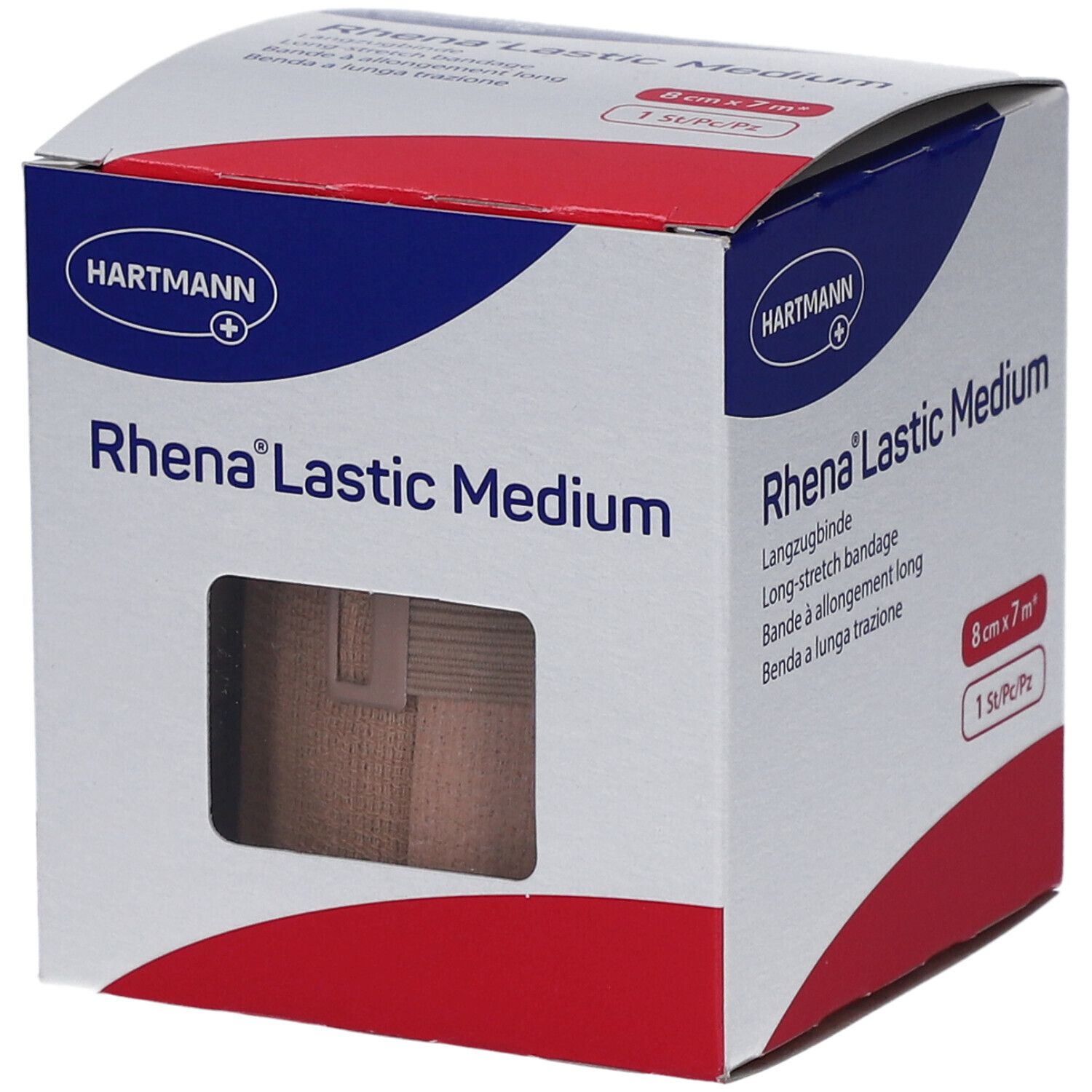 Verpackung von HARTMANN Rhena® Lastic Medium Langzugbinden. Sichtfenster zeigt braune Binde. 8 cm x 7 m.