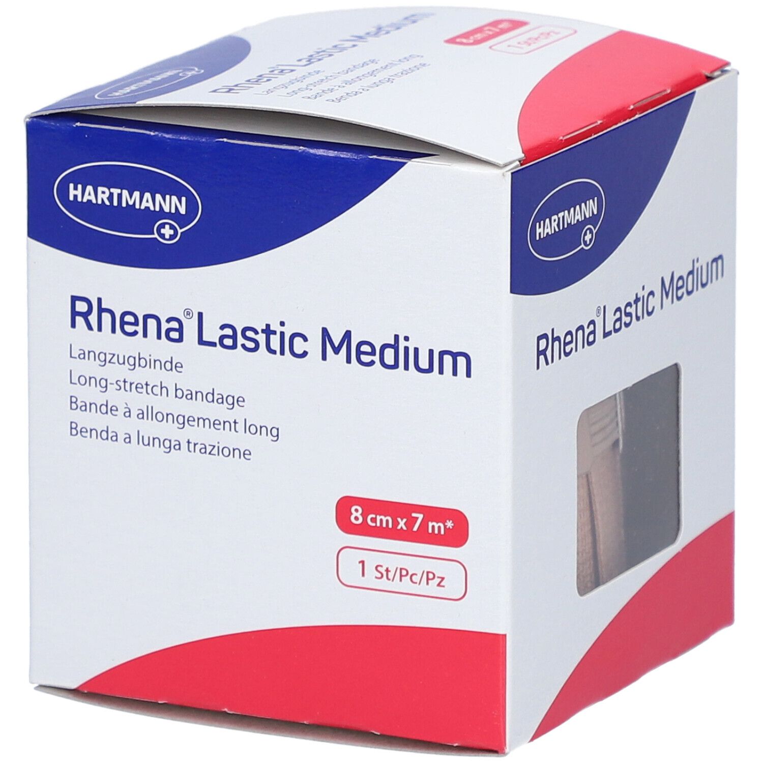 Verpackung von HARTMANN Rhena® Lastic Medium. 8 cm x 7 m. 1 Stück. Weiß, rot und blau.