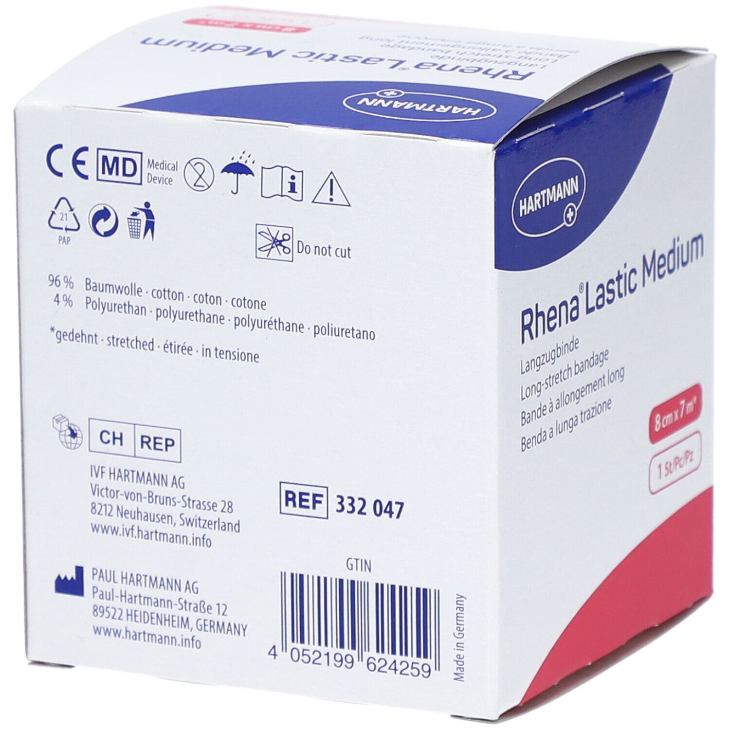 Verpackung von HARTMANN Rhena® Lastic Medium. Rückseite mit Inhaltsangaben, CE-Kennzeichnung und Herstellerinformationen.