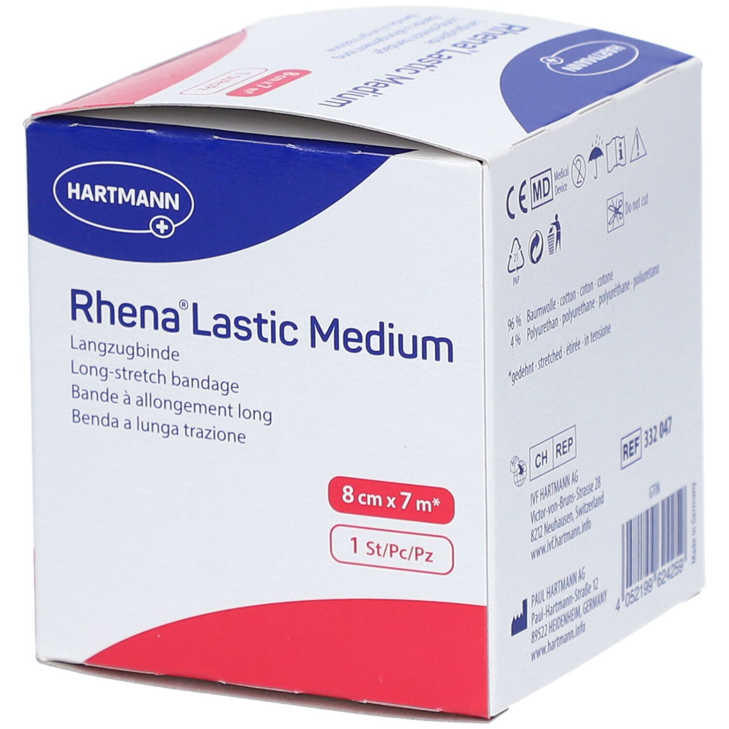 Verpackung von HARTMANN Rhena® Lastic Medium. 8 cm x 7 m. 1 Stück. Mit CE-Kennzeichnung.