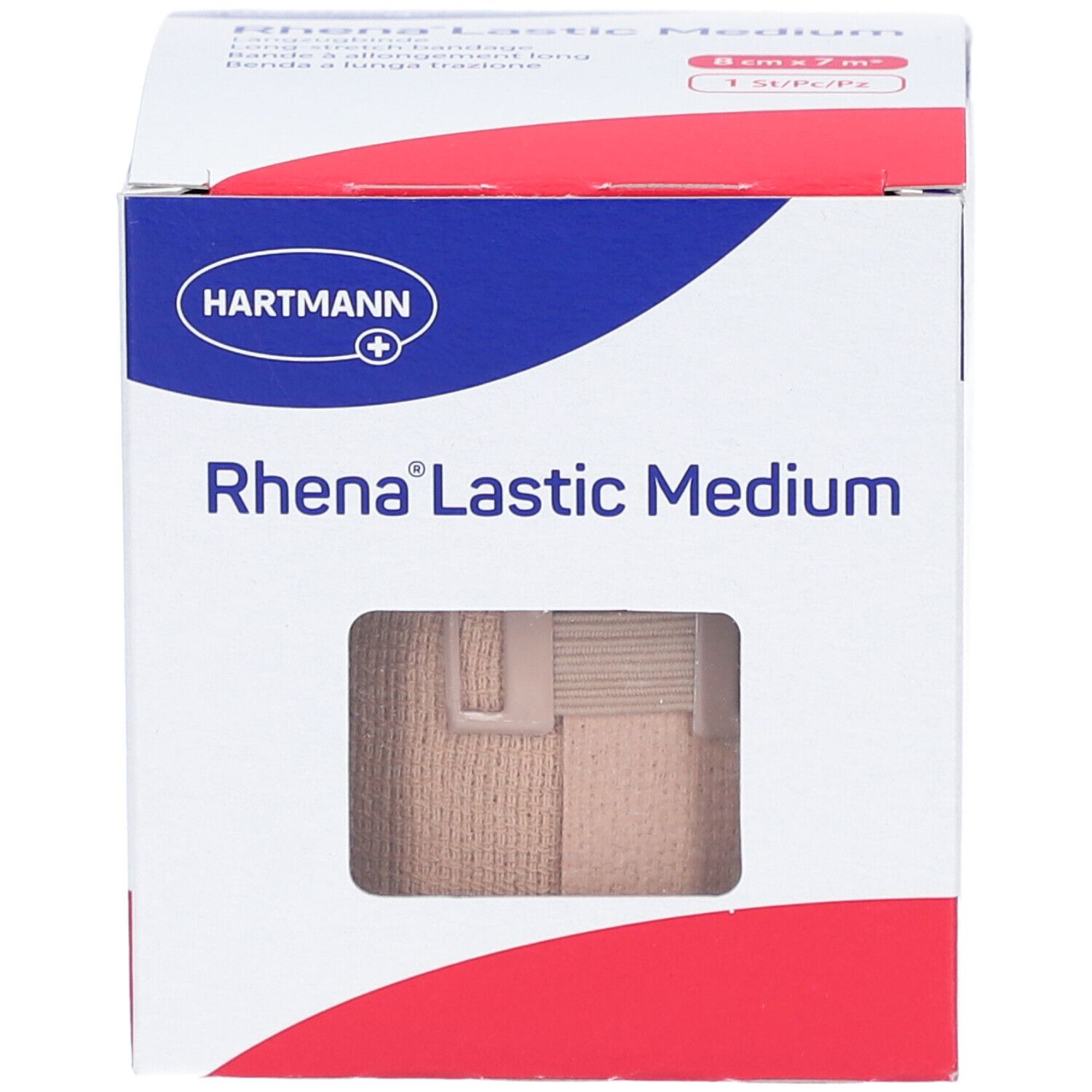 Verpackung von HARTMANN Rhena® Lastic Medium. Sichtfenster zeigt braune Binde. Weiß, rot und blau.
