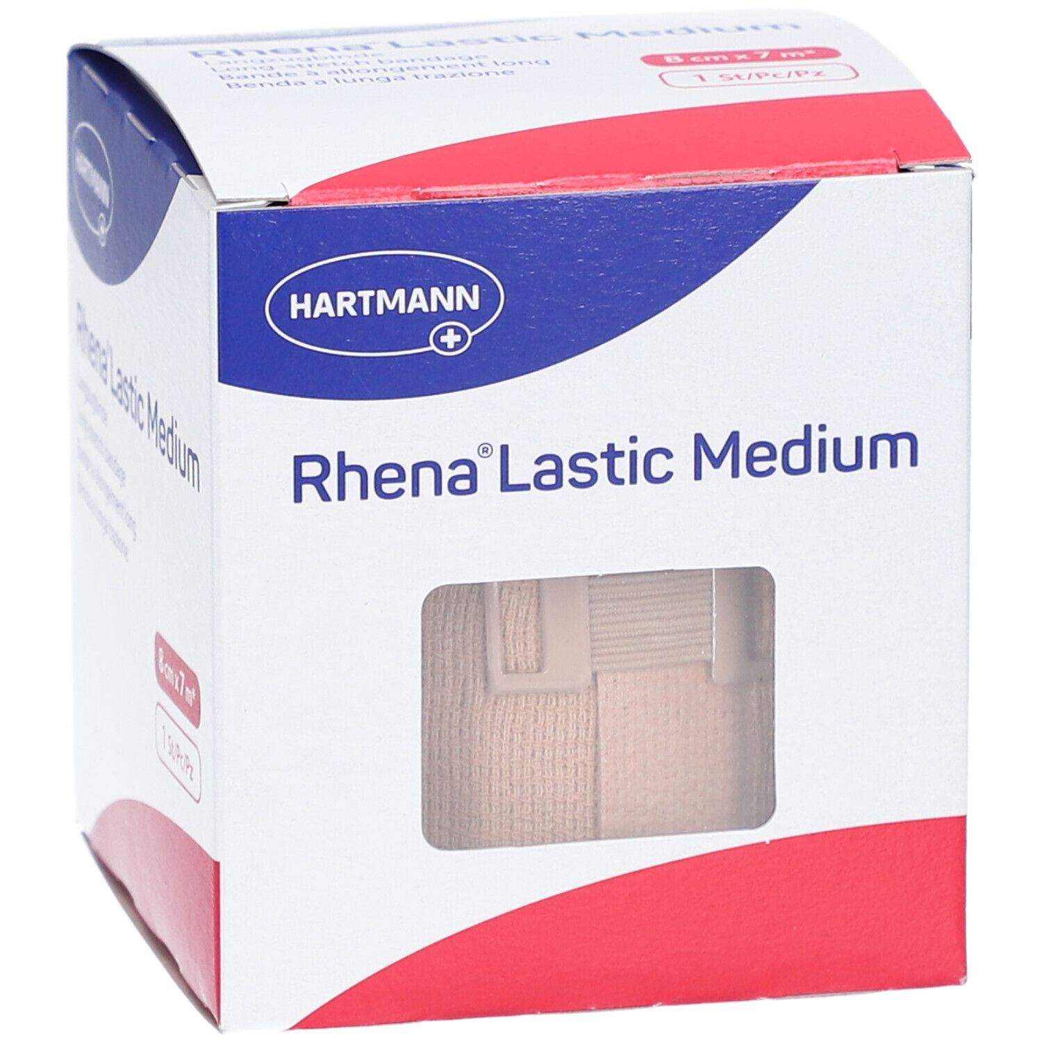 Verpackung von HARTMANN Rhena® Lastic Medium. Sichtfenster zeigt braune Binde. 8 cm x 7 m.