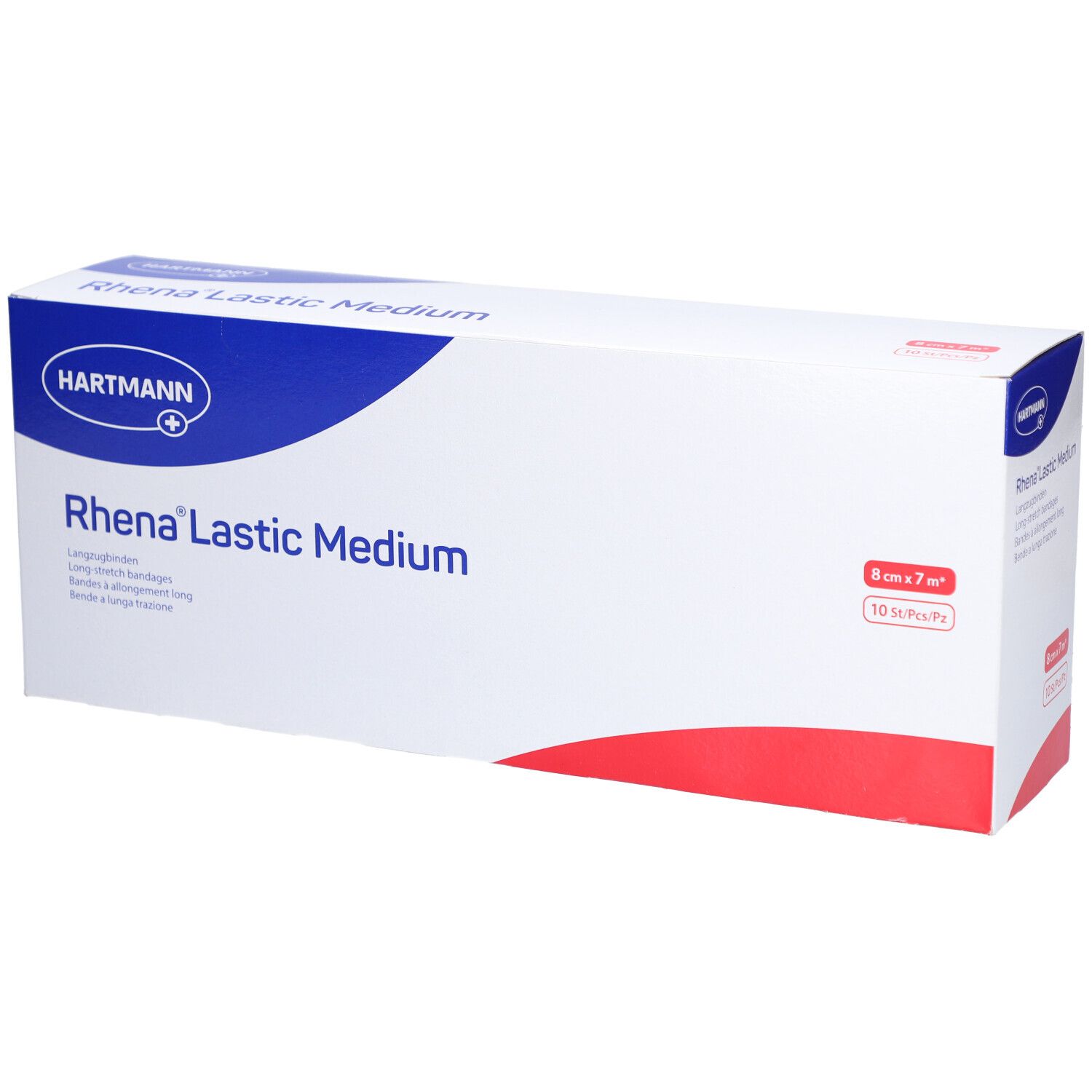 Verpackung von HARTMANN Rhena® Lastic Medium Langzugbinden. Größe: 8 cm x 7 m. 10 Stück pro Packung. Blau-weiße Verpackung.
