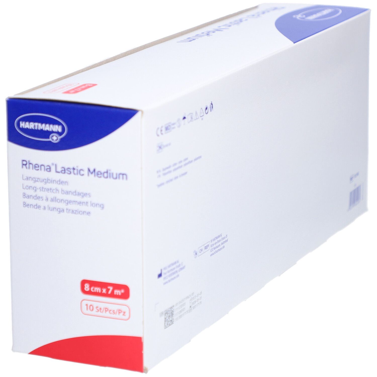 Schräg gestellte Verpackung von HARTMANN Rhena® Lastic Medium. Größe: 8 cm x 7 m. 10 Stück pro Packung. Weiße Verpackung mit rotem Akzent.
