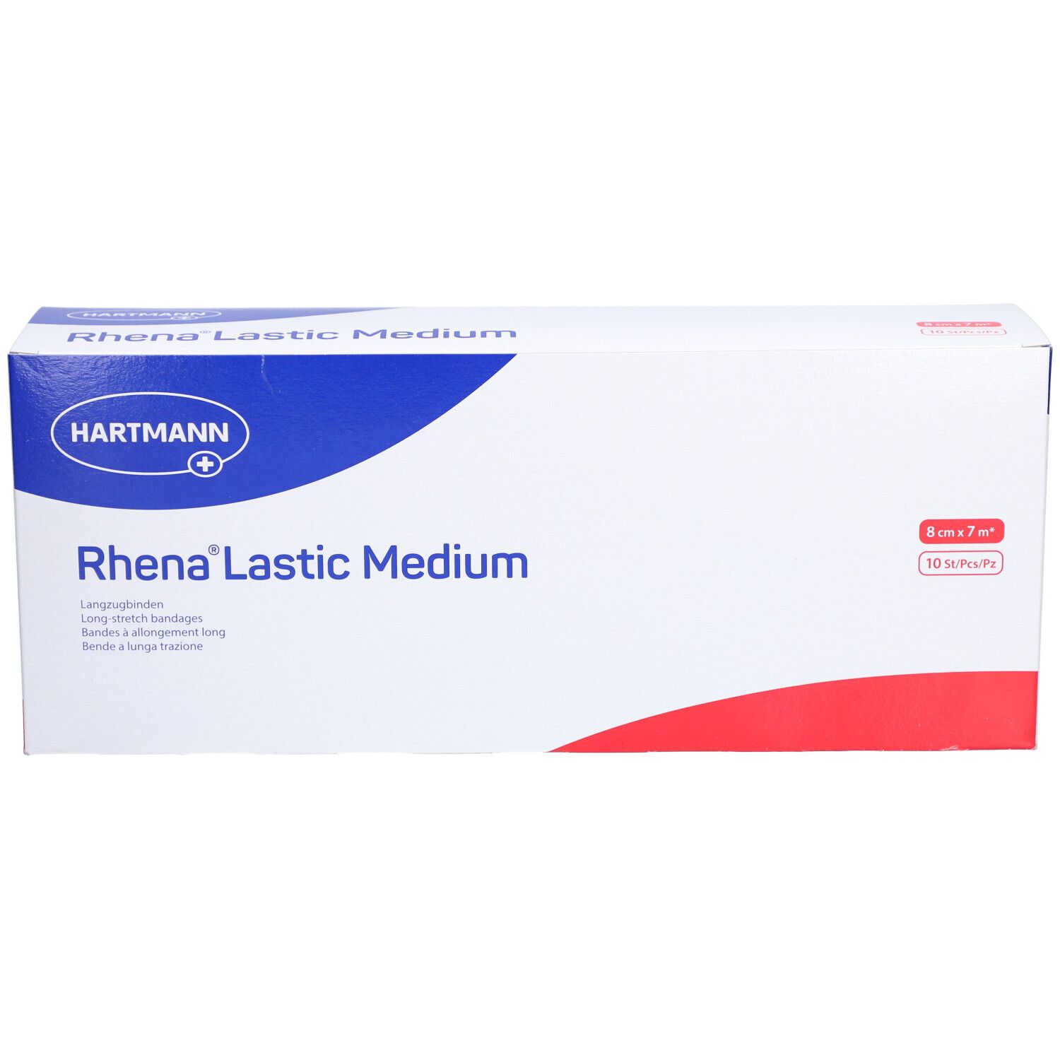 Verpackung von HARTMANN Rhena® Lastic Medium. Größe: 8 cm x 7 m. 10 Stück pro Packung. Weiße Verpackung mit rotem und blauem Design.