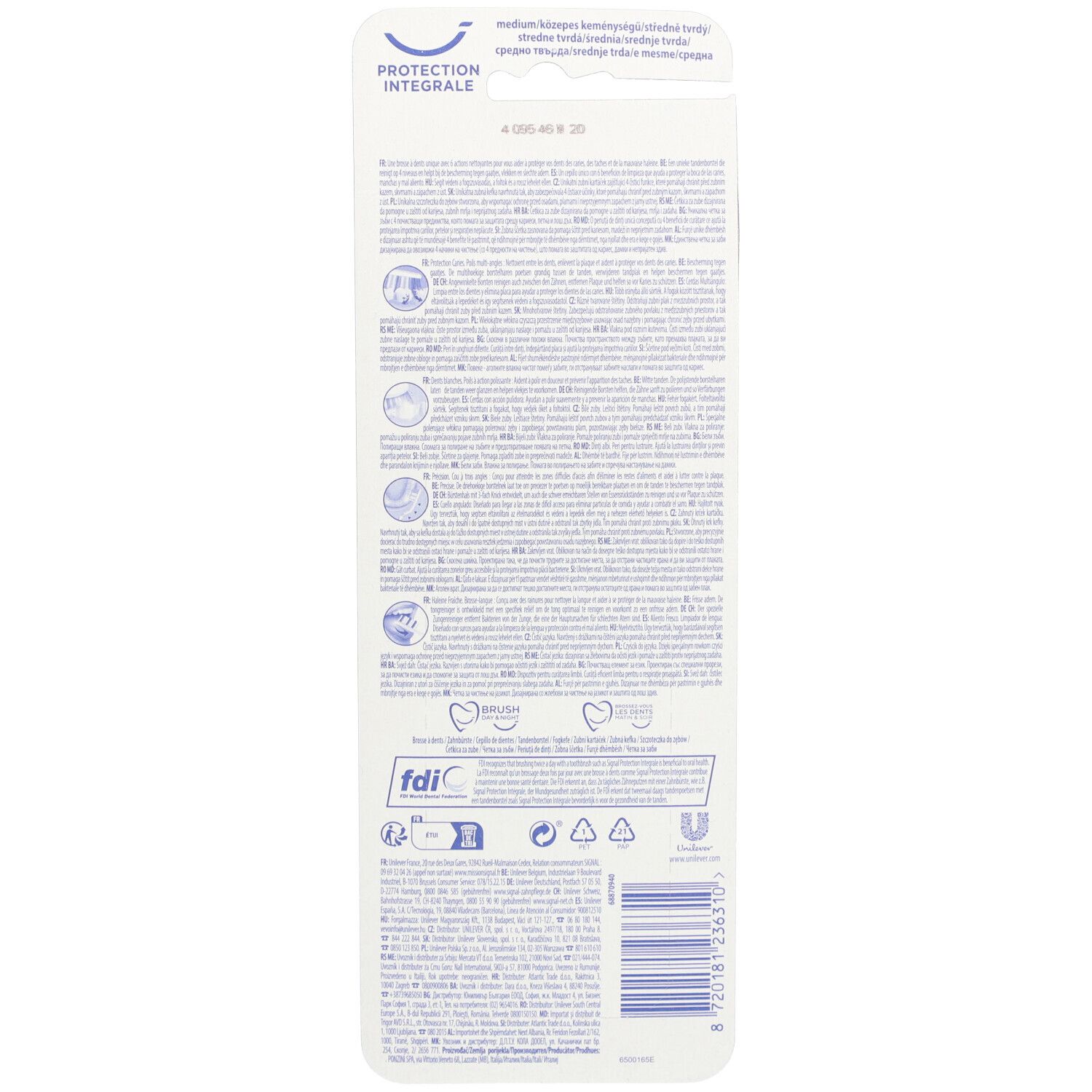 Rückseite der Zahnbürstenverpackung. Text in mehreren Sprachen. Informationen zur Produktpflege und Recycling.