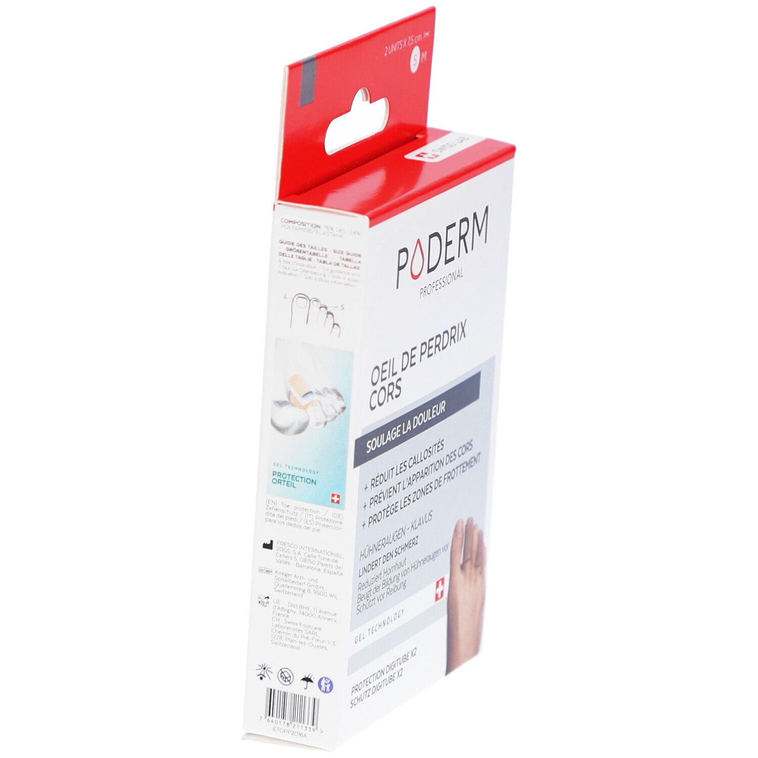 Seitenansicht der Poderm Protection digitube Verpackung. Text: Oeil de perdrix cors, Swiss Lab, Schutz für Zehen.