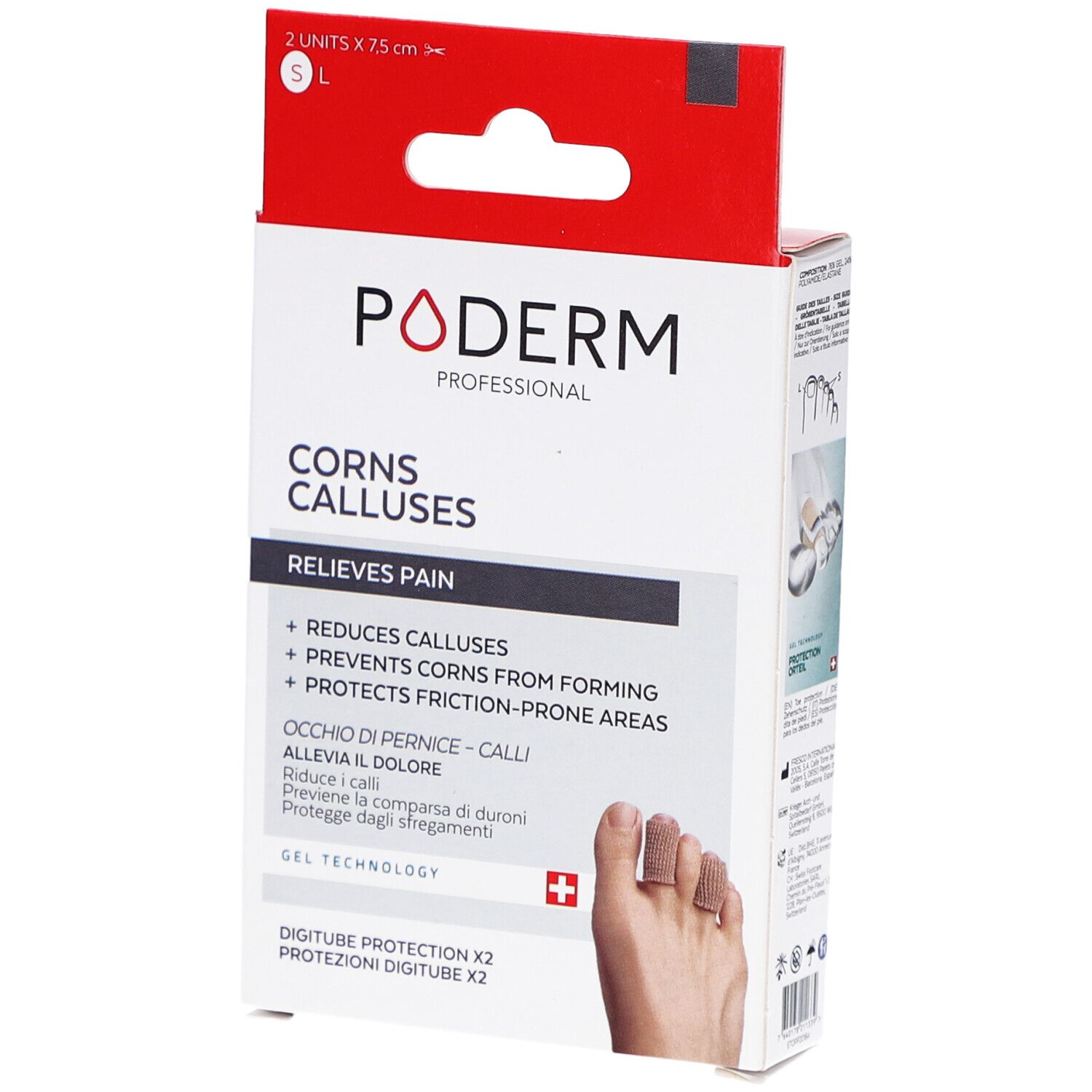 Poderm Protection digitube Verpackung. Text: Corns calluses, lindert Schmerzen, reduziert Schwielen, Swiss Lab.