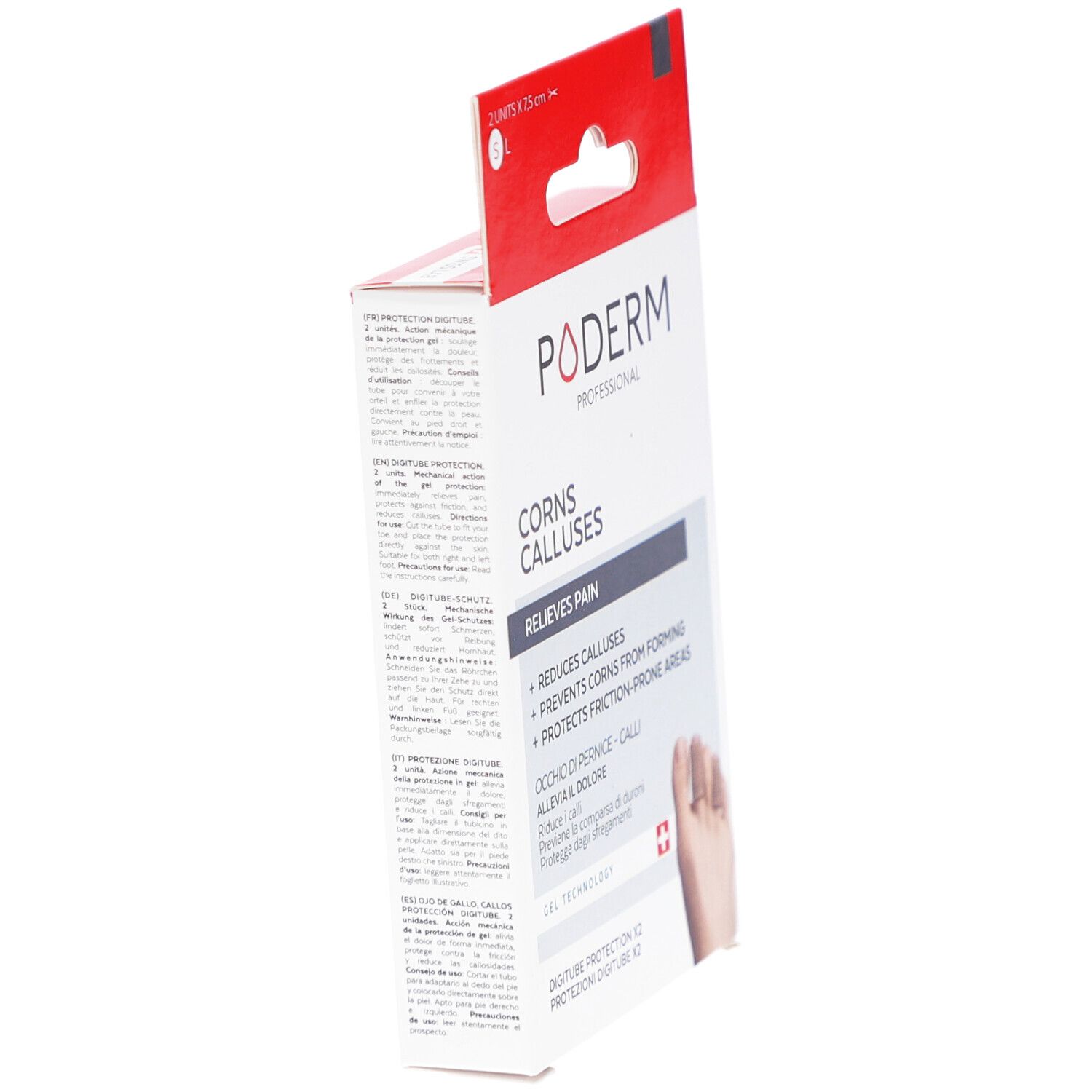 Seitenansicht der Poderm Protection digitube Verpackung. Text: Corns calluses, lindert Schmerzen, Swiss Lab.