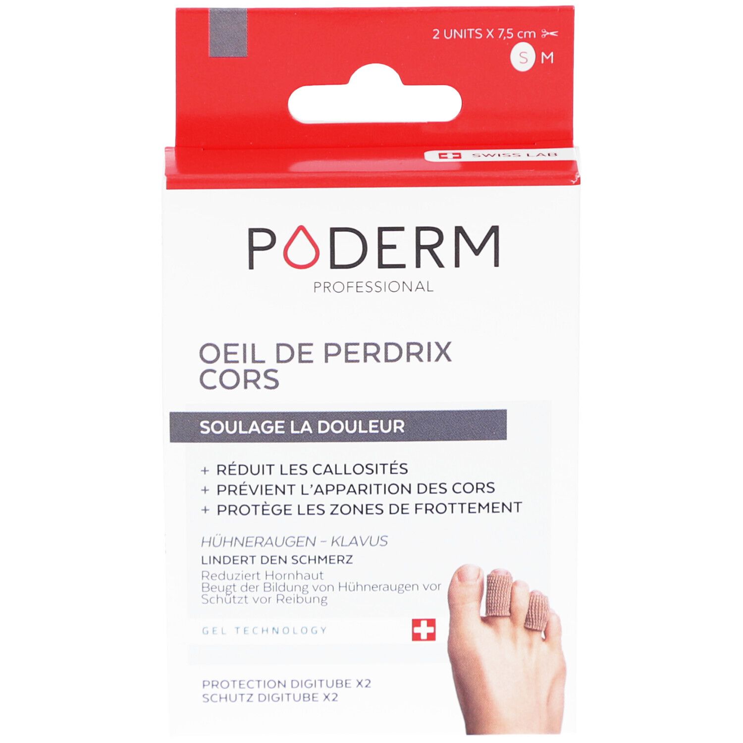 Poderm Protection digitube Verpackung. Zwei Einheiten. Text: Oeil de perdrix cors, lindert Schmerzen, Swiss Lab.