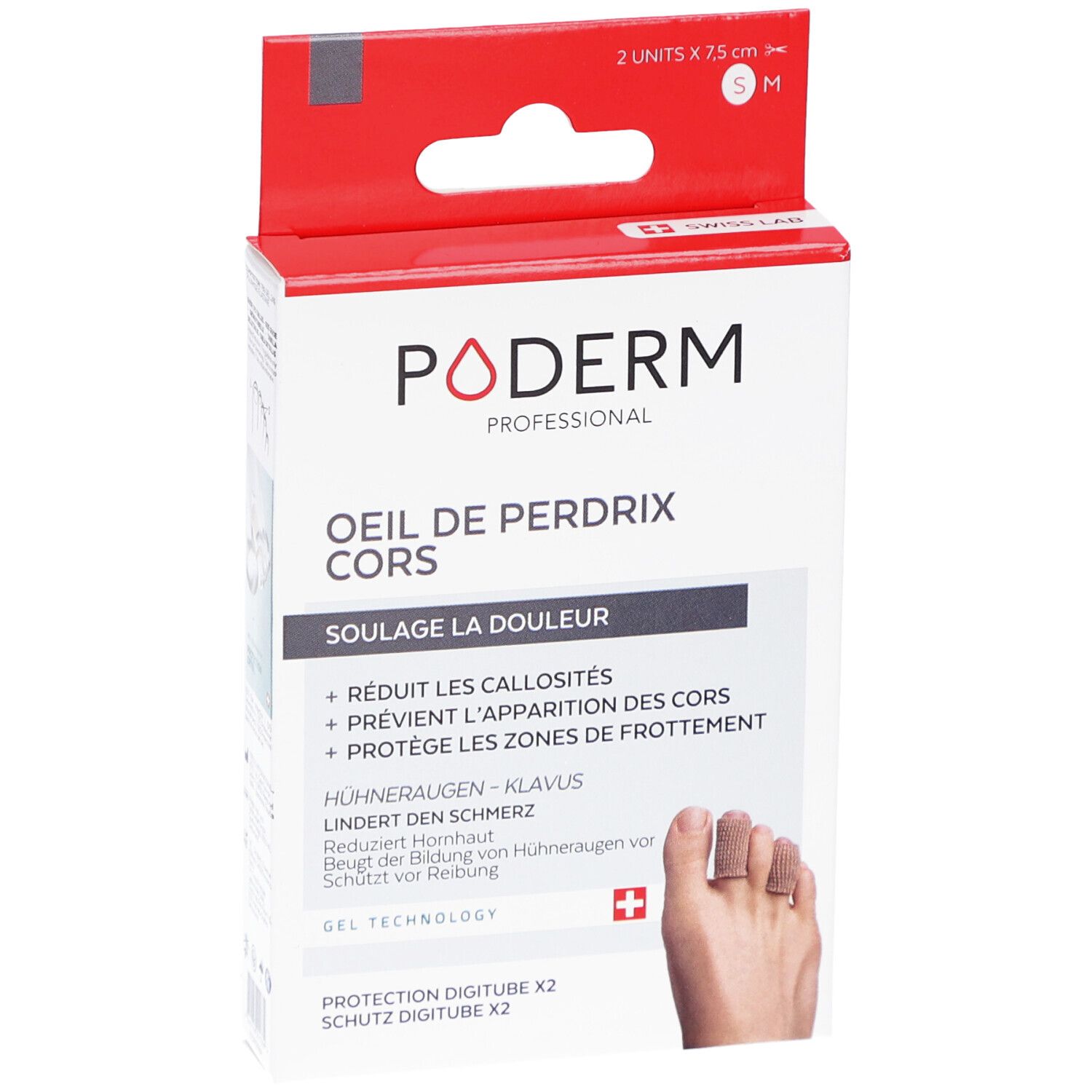 Poderm Protection digitube Verpackung. Zwei Einheiten. Text: Oeil de perdrix cors, lindert Schmerzen, Swiss Lab.