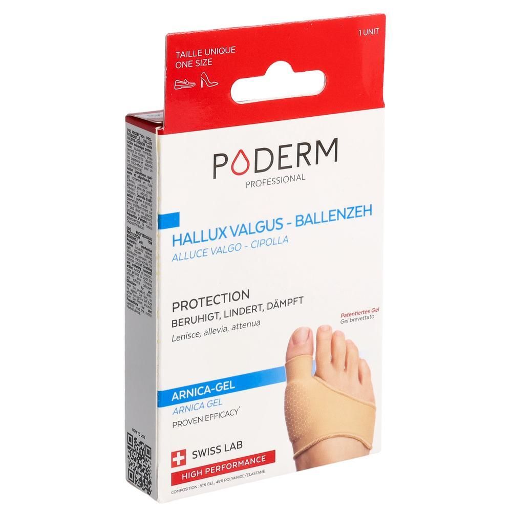 Verpackung mit Poderm Hallux Valgus Ballenzeh Arnika Gel. Produktname und Logo sichtbar. Schweizer Qualitätszeichen. Einheitsgröße.