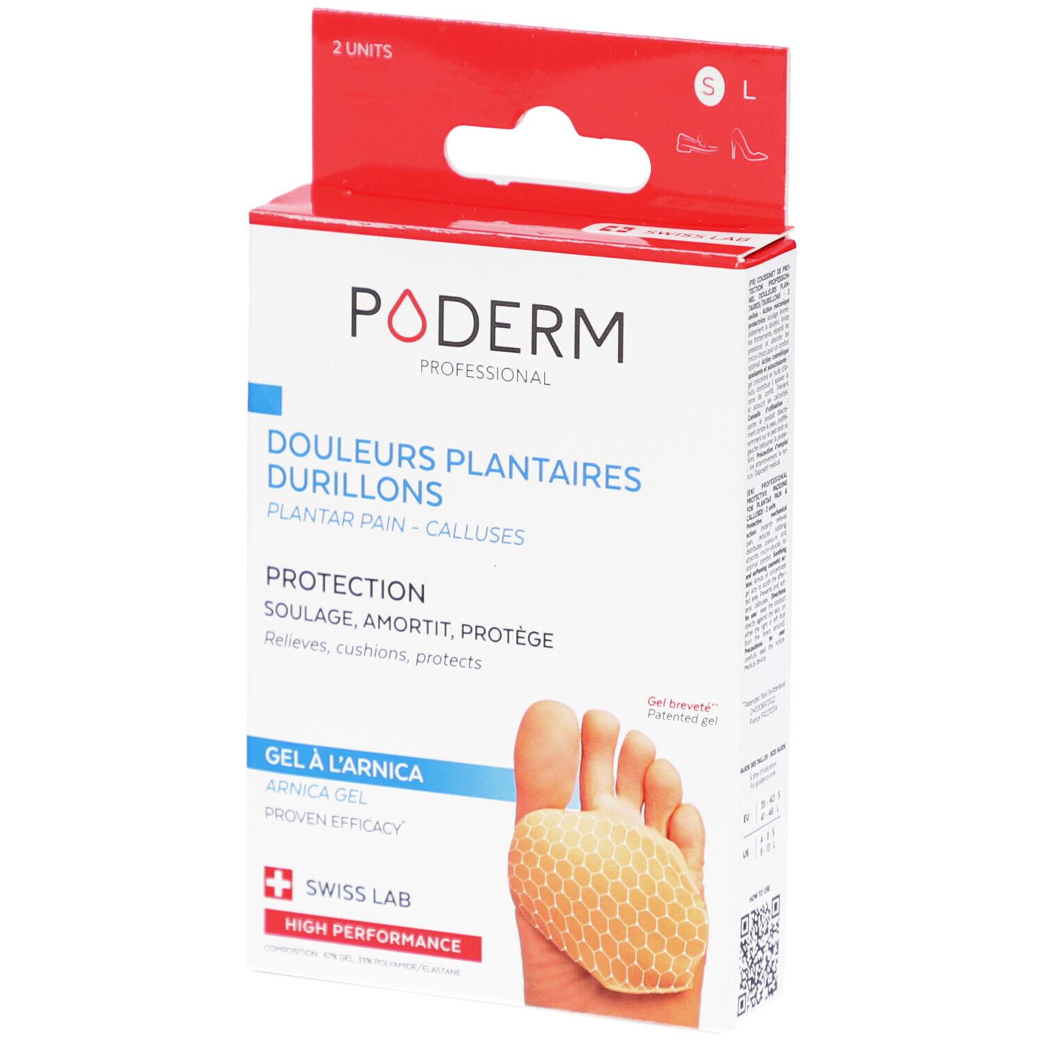 Verpackung mit Poderm Gel-Pads. Aufdruck: Schmerzen, Schwielen, Arnika-Gel, Swiss Lab. Zwei Größen S/L.