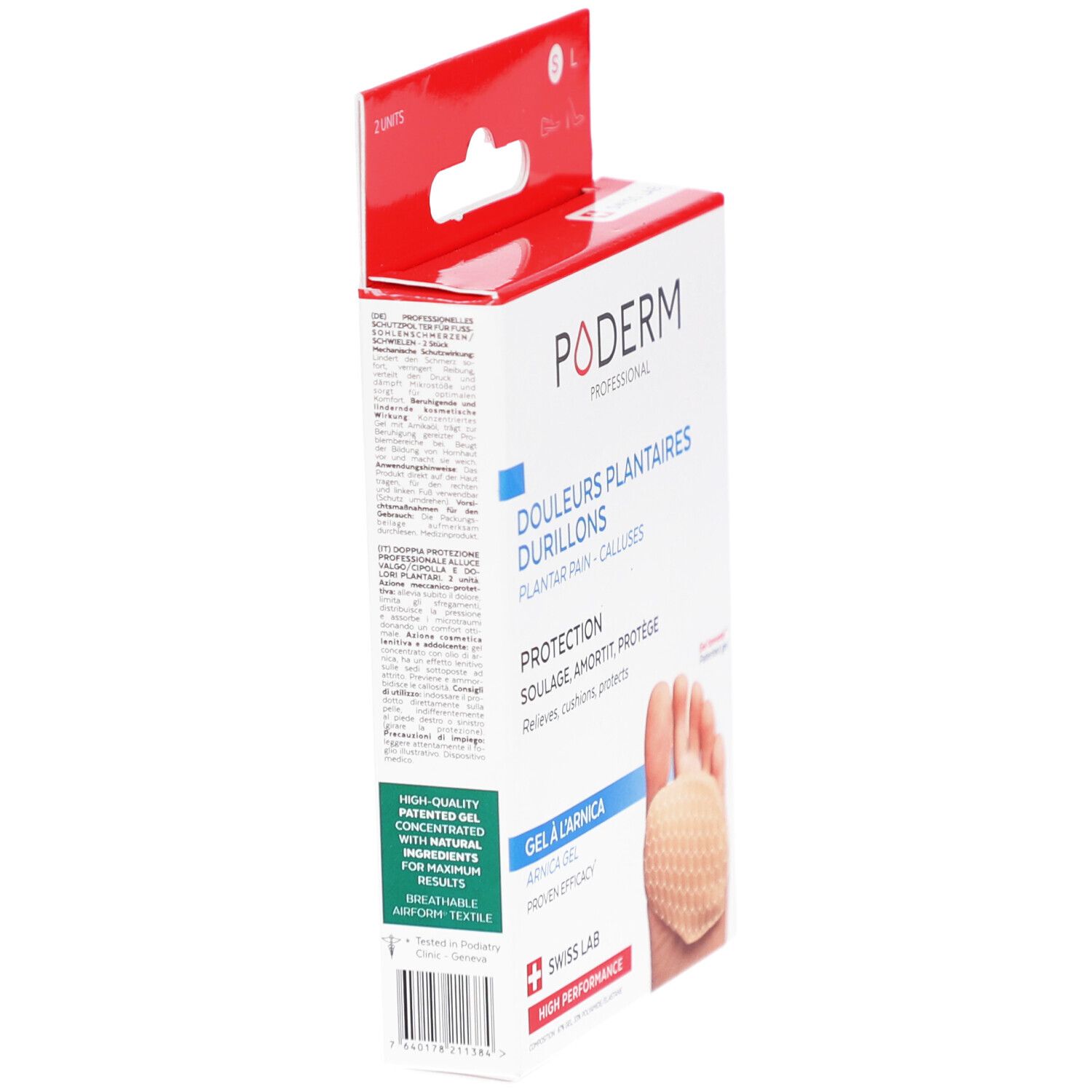 Poderm-Verpackung, Seitenansicht. Text: Poderm, Schmerzen, Schwielen, Arnika-Gel, Swiss Lab. Patentierter Gel-Text.