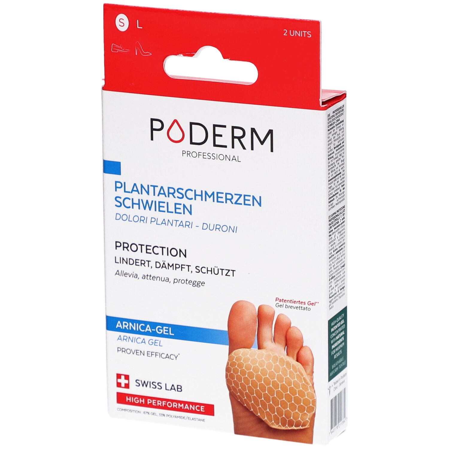 Verpackung Poderm Gel-Pads. Text: Plantarschmerzen, Schwielen, Arnika-Gel, Swiss Lab. Größen S/L.