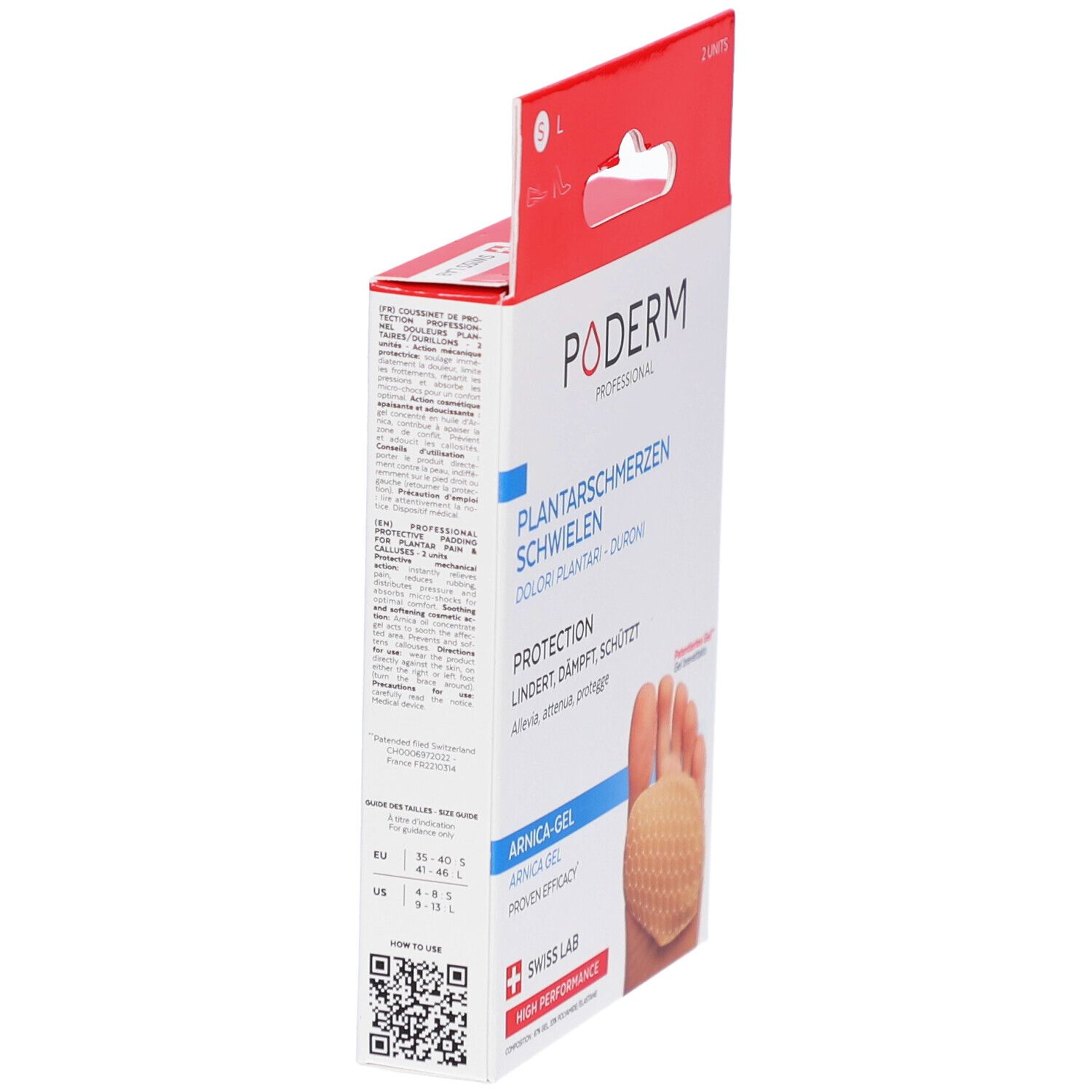 Poderm-Verpackung, Seitenansicht. Text: Plantarschmerzen, Schwielen, Arnika-Gel, Swiss Lab. Größenangabe.
