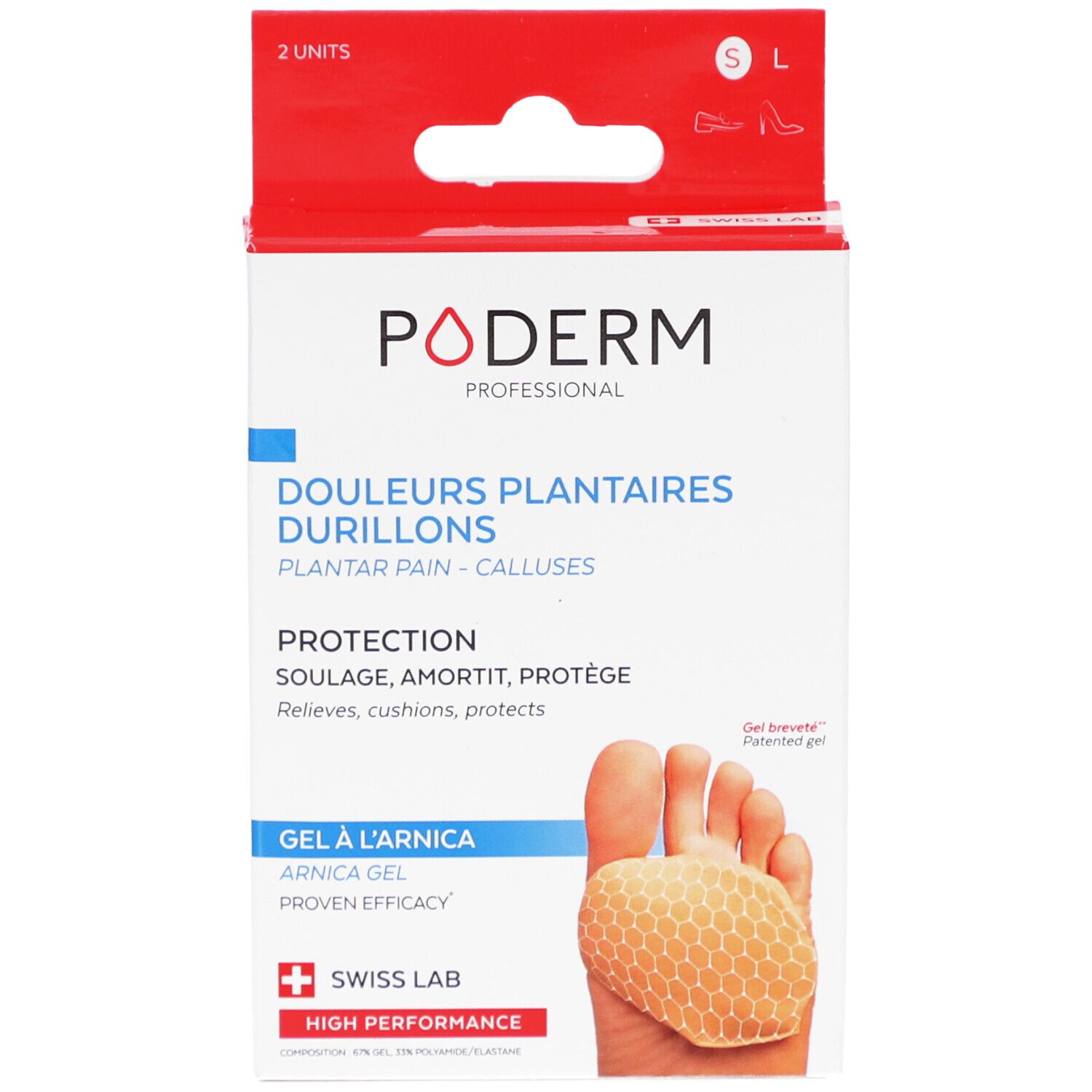 Poderm Gel-Pads Verpackung. Text: Schmerzen, Schwielen, Arnika-Gel, Swiss Lab. Größen S/L. 2 Stück.