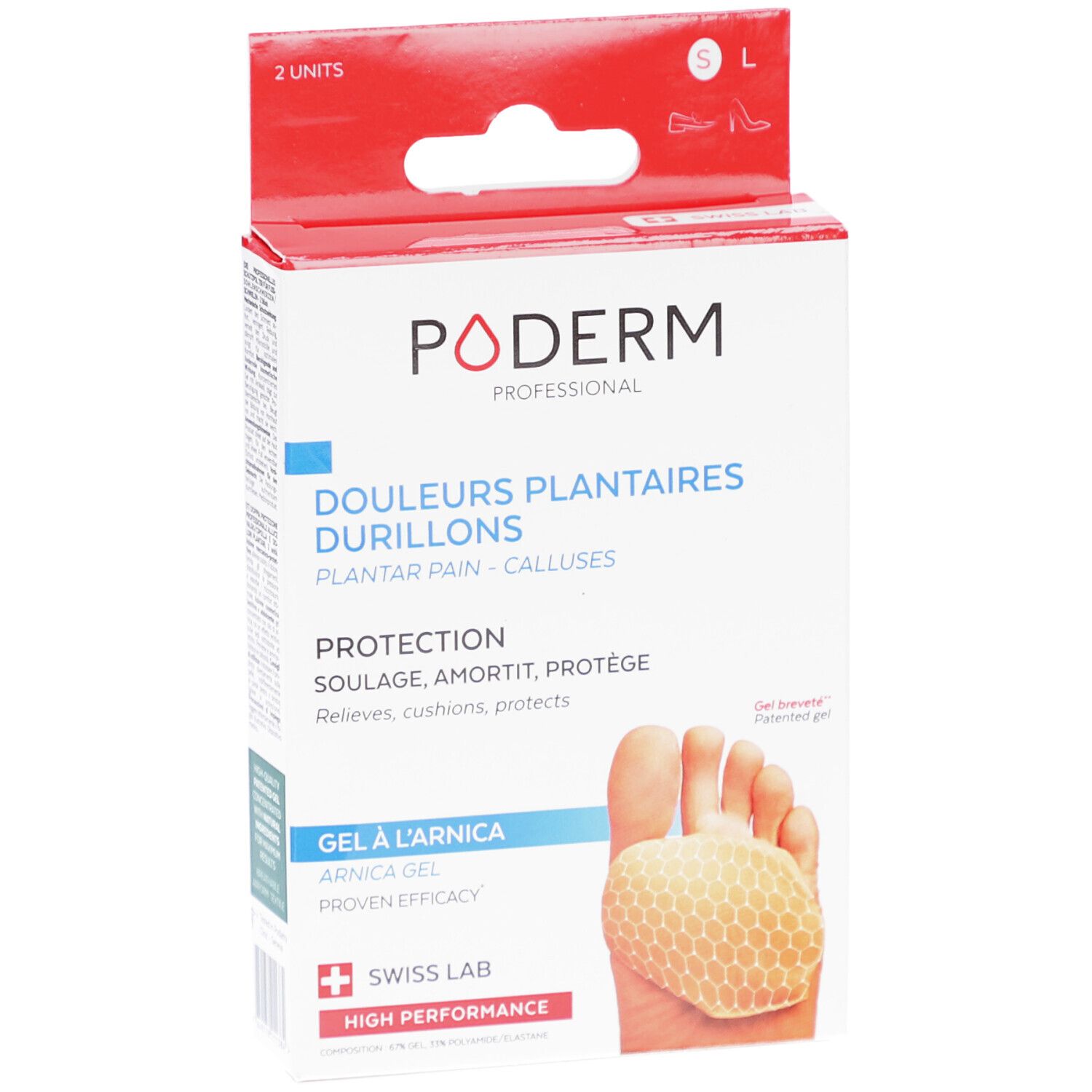 Poderm Gel-Pads Verpackung. Text: Schmerzen, Schwielen, Arnika-Gel, Swiss Lab. Größen S/L. 2 Stück.